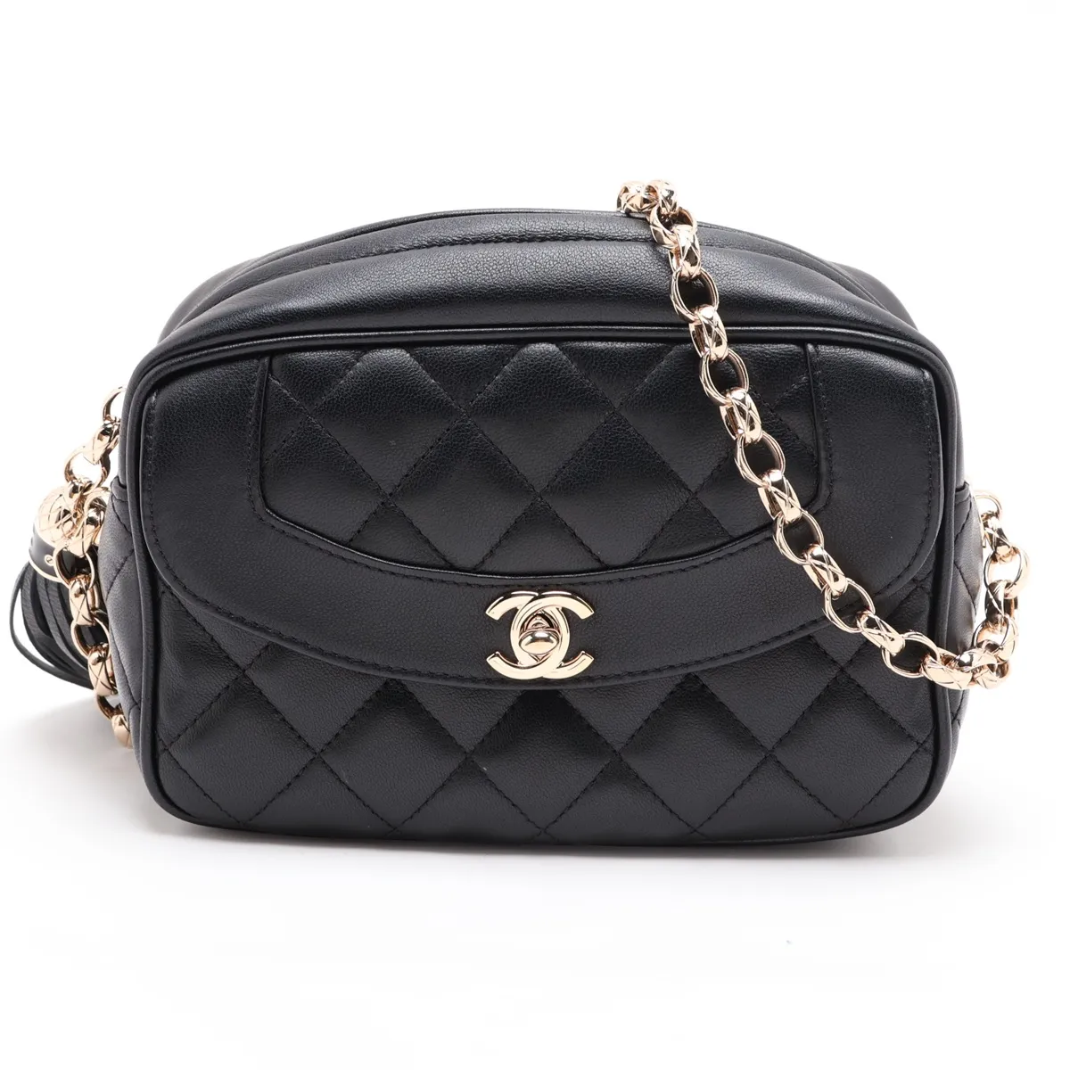 Matelassé Lambskin Chain Shoulder Bag with Fringe, Black with Gold Hardware, 27325823, Serial Number 27
