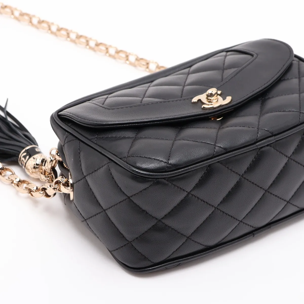 Matelassé Lambskin Chain Shoulder Bag with Fringe, Black with Gold Hardware, 27325823, Serial Number 27 — view 4