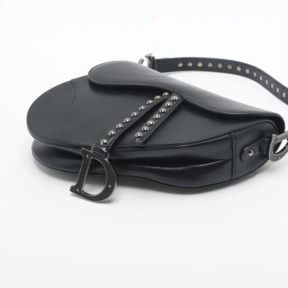Saddle Bag Leather x Rubber Studs 2-Way Shoulder Bag Black — view 3