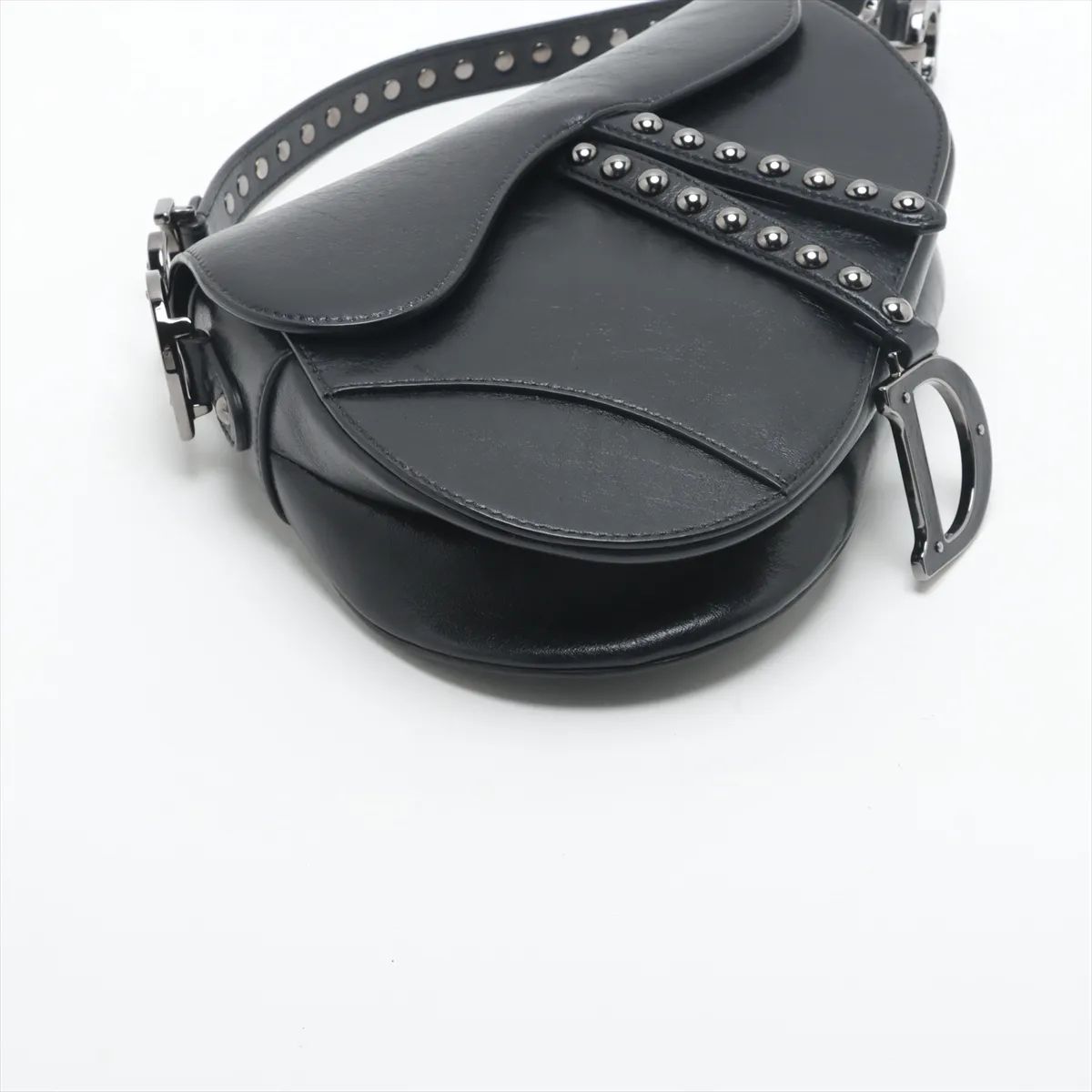 Saddle Bag Leather x Rubber Studs 2-Way Shoulder Bag Black — view 4
