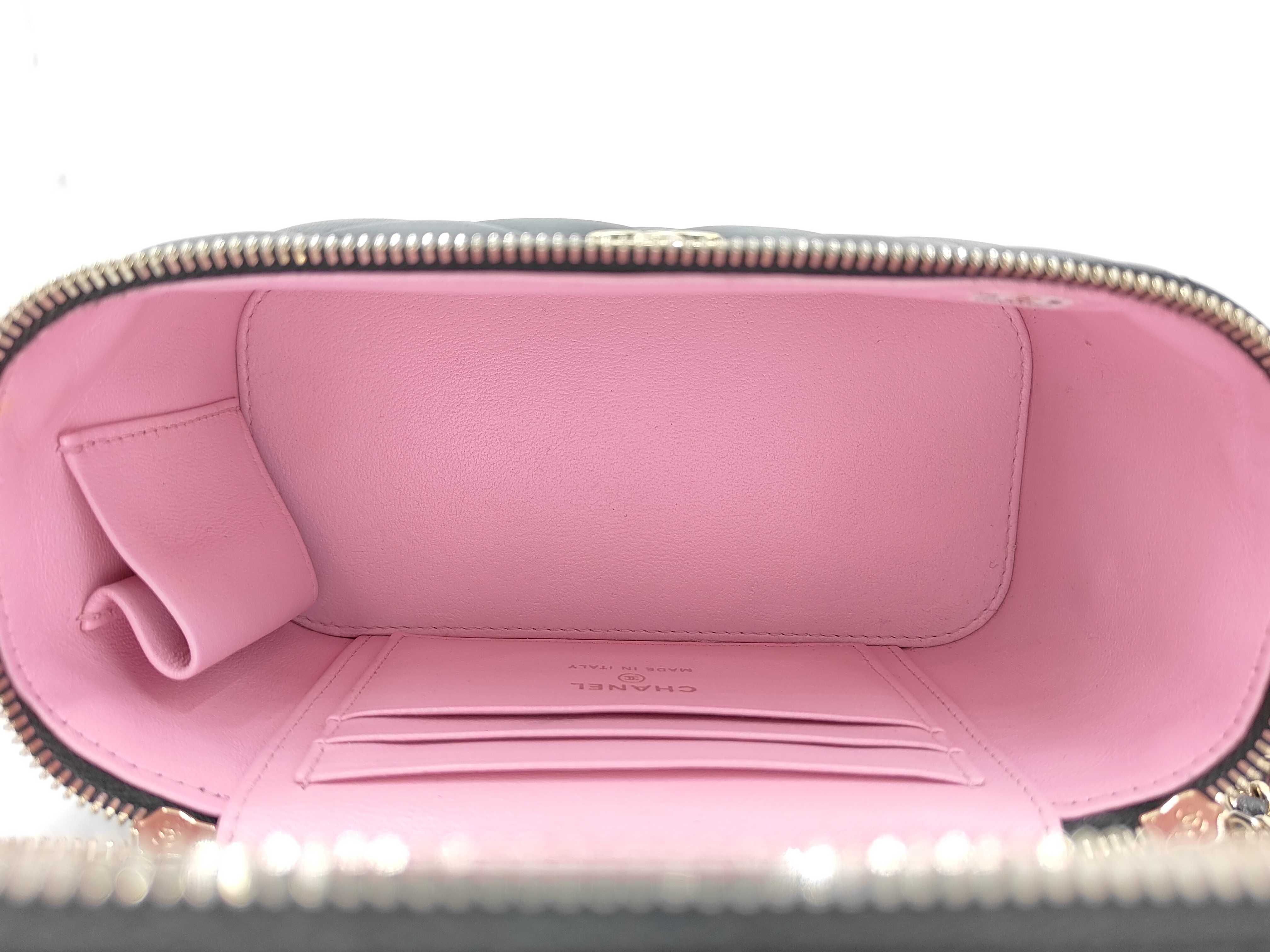 Matelassé Double Zipper Vanity Bag, Black Lambskin, Pink Handle, Shoulder Bag — view 11