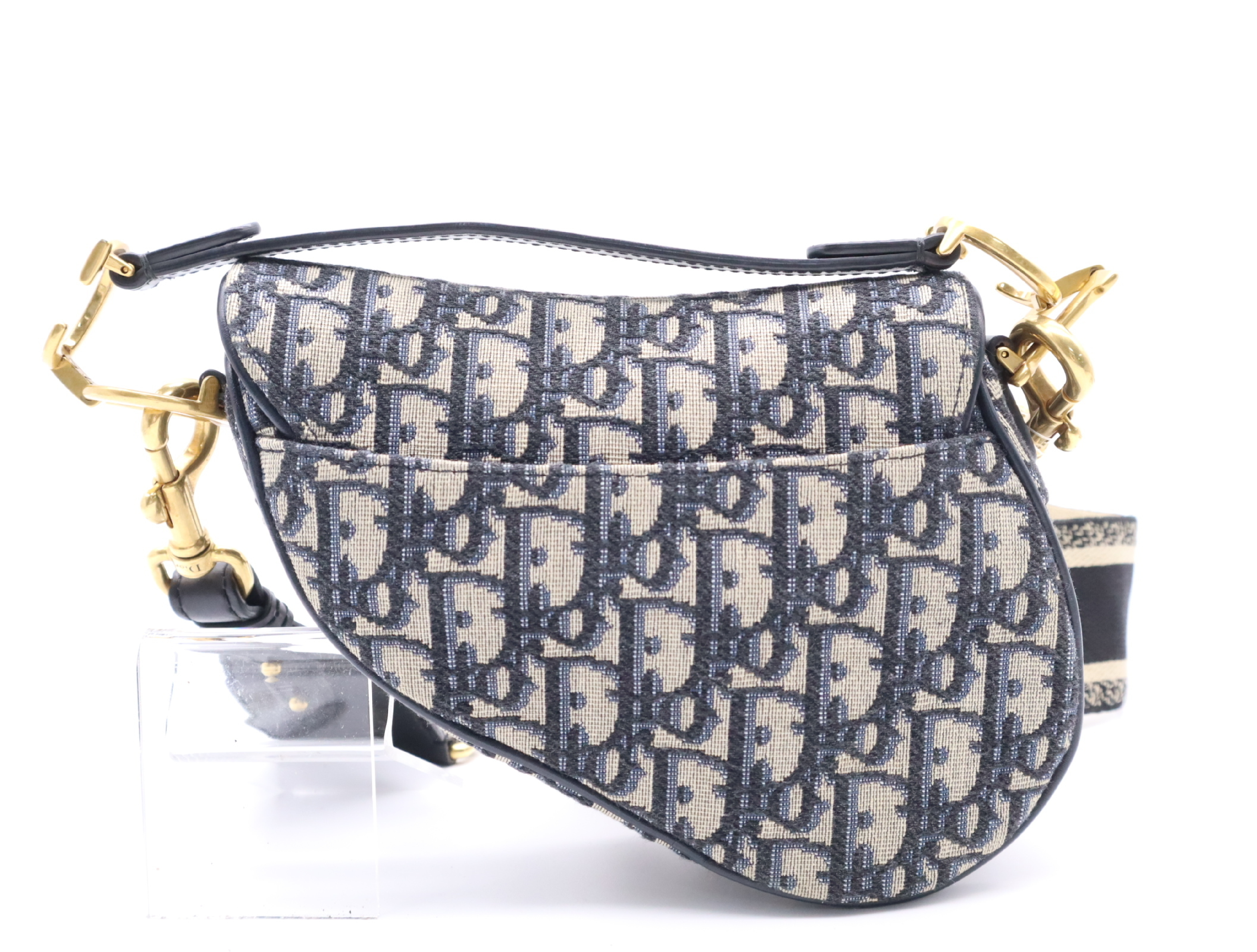 Canvas x Leather Oblique Saddle Bag, Navy, Gold Hardware, with Shoulder Strap, Handbag — view 2