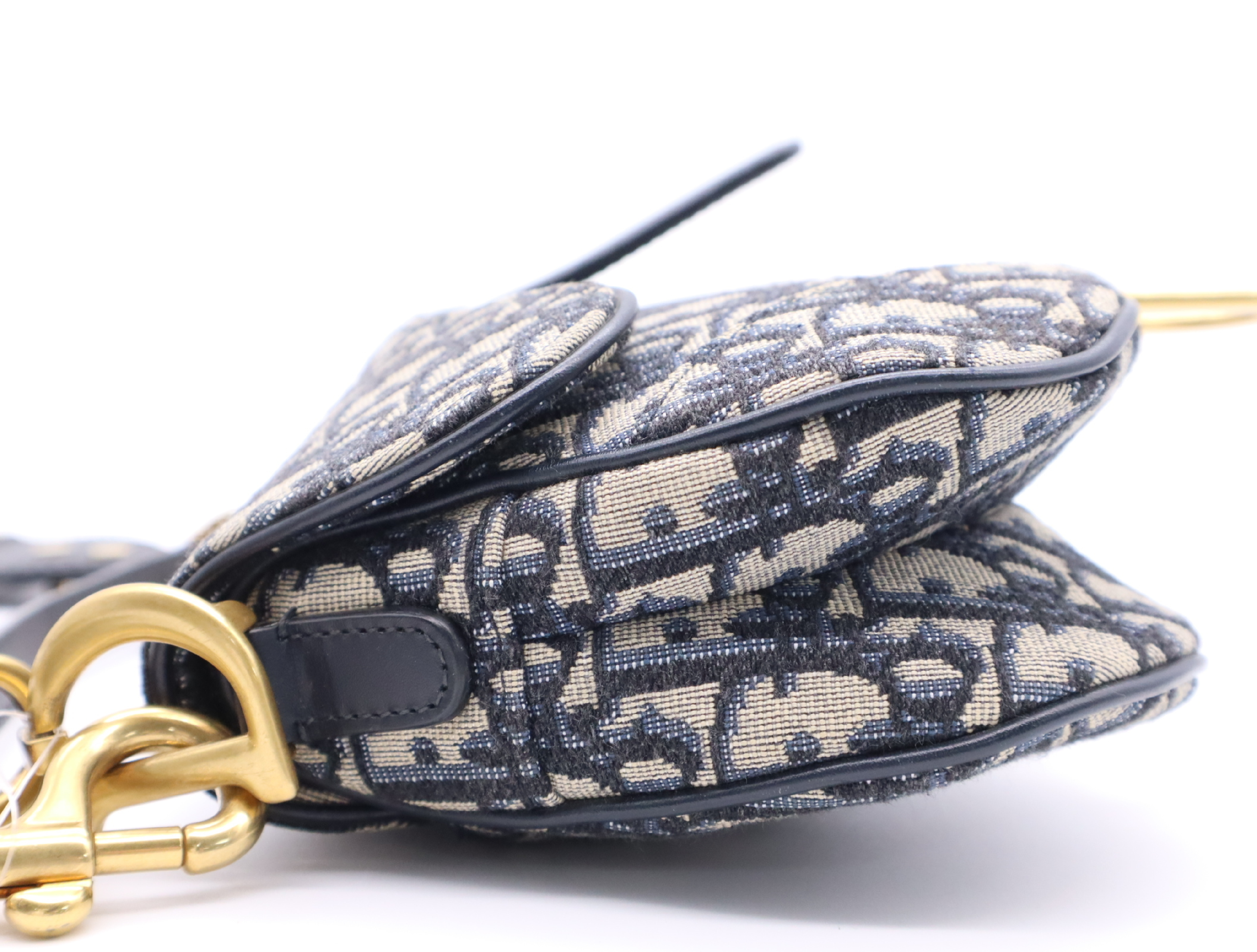 Canvas x Leather Oblique Saddle Bag, Navy, Gold Hardware, with Shoulder Strap, Handbag — view 3
