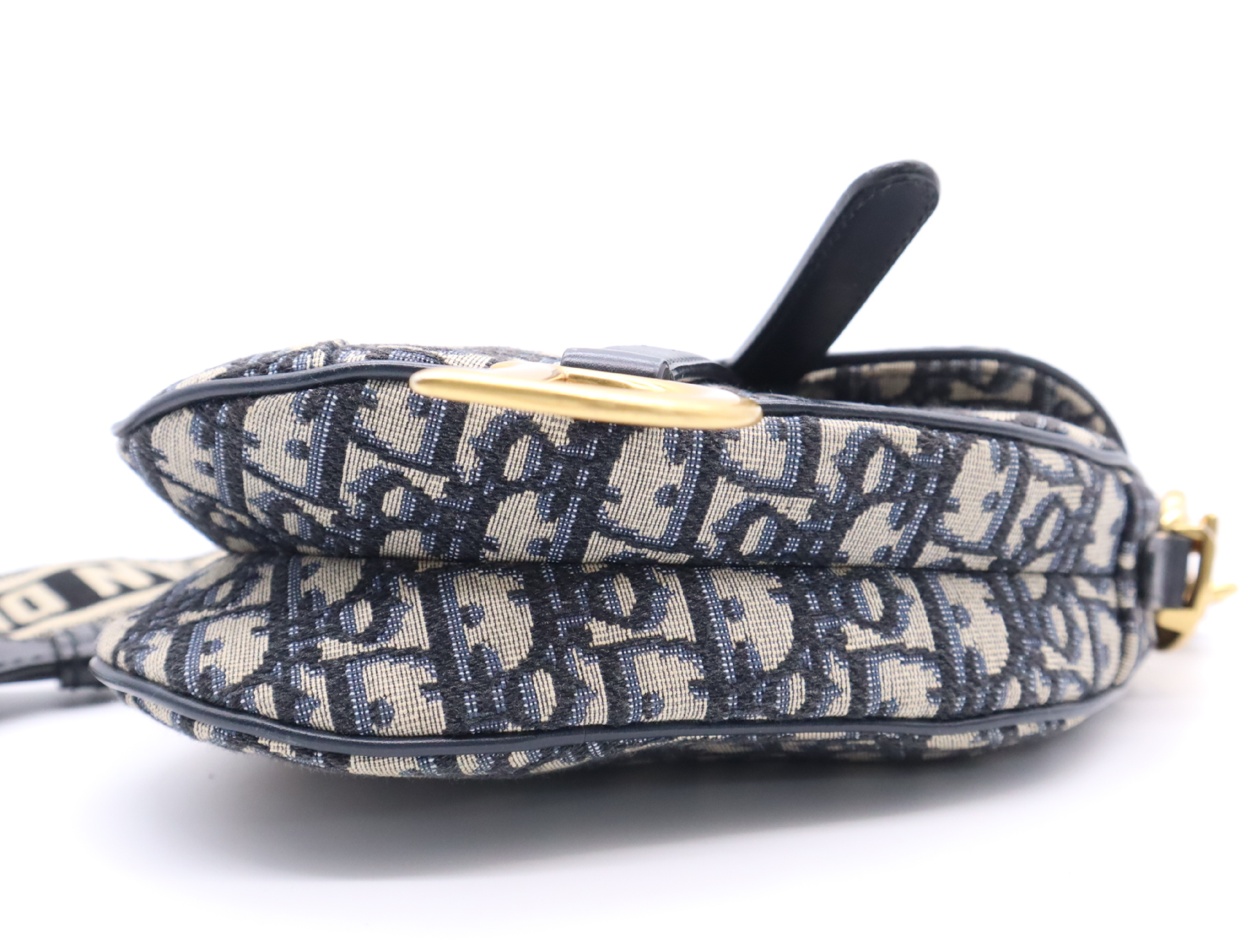Canvas x Leather Oblique Saddle Bag, Navy, Gold Hardware, with Shoulder Strap, Handbag — view 4