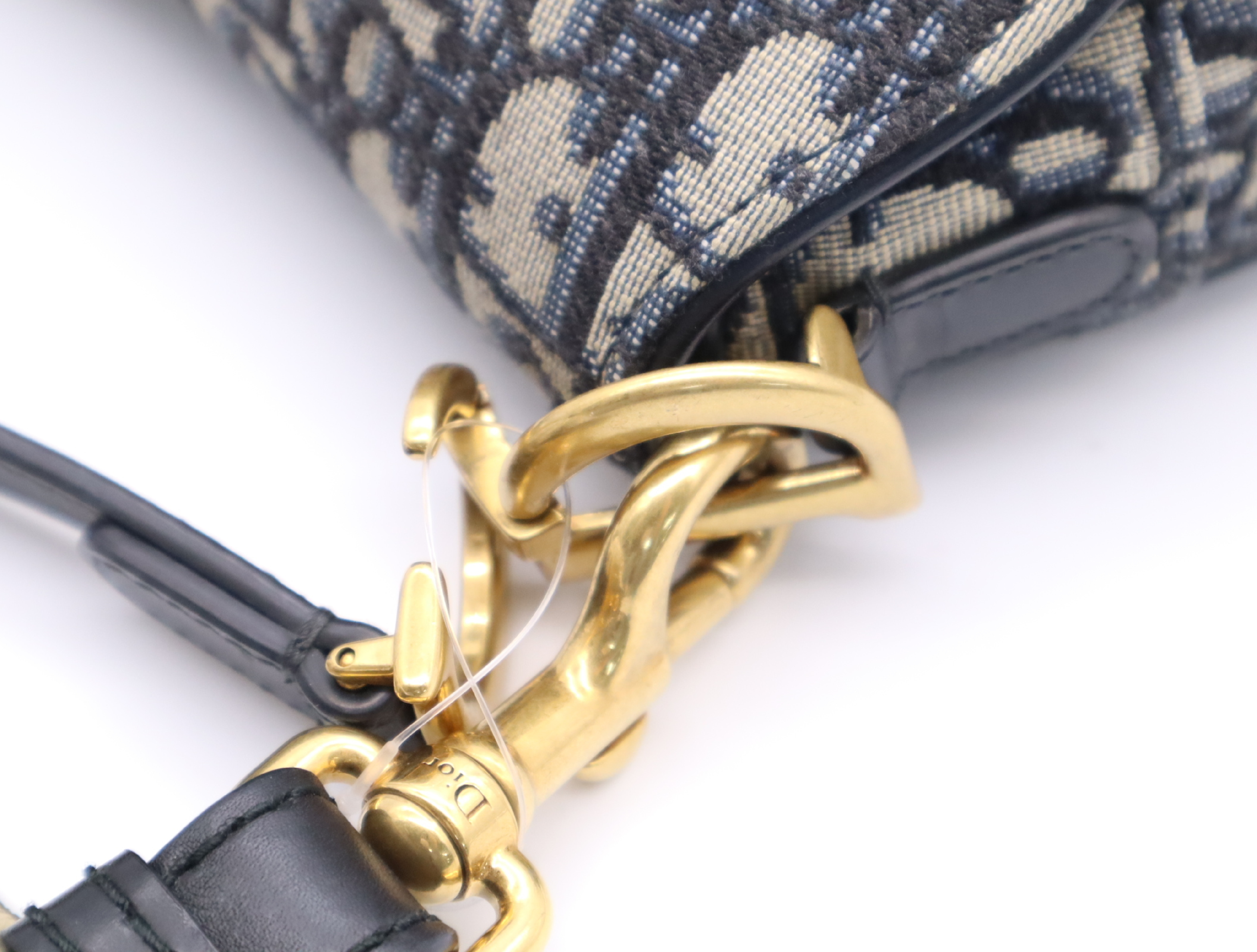Canvas x Leather Oblique Saddle Bag, Navy, Gold Hardware, with Shoulder Strap, Handbag — view 9