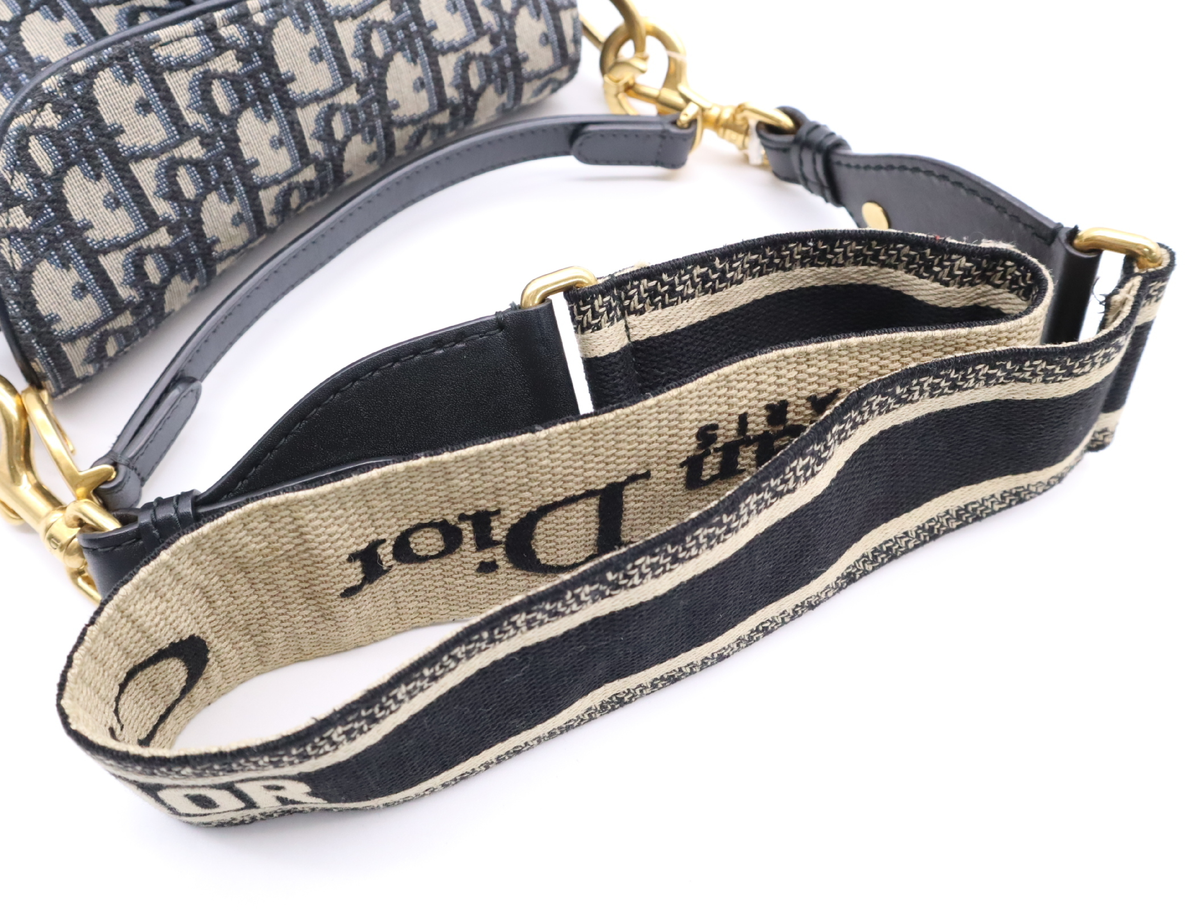 Canvas x Leather Oblique Saddle Bag, Navy, Gold Hardware, with Shoulder Strap, Handbag — view 10