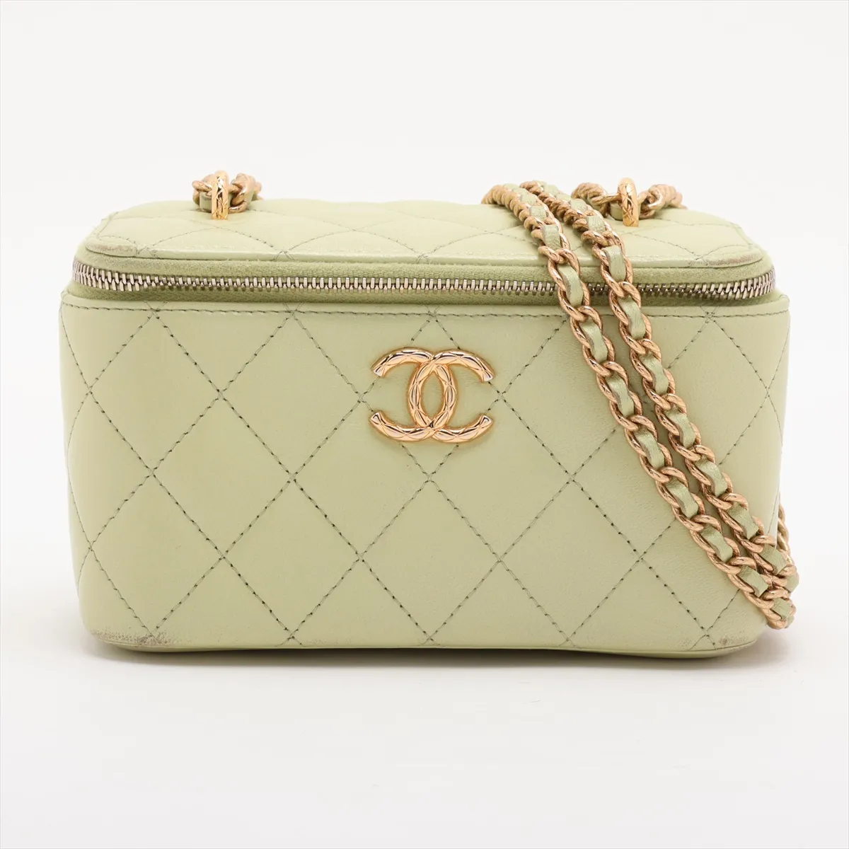 Matelassé Lambskin Chain Shoulder Bag Vanity Case Green Gold Hardware KNEC64P5 Random Serial Number