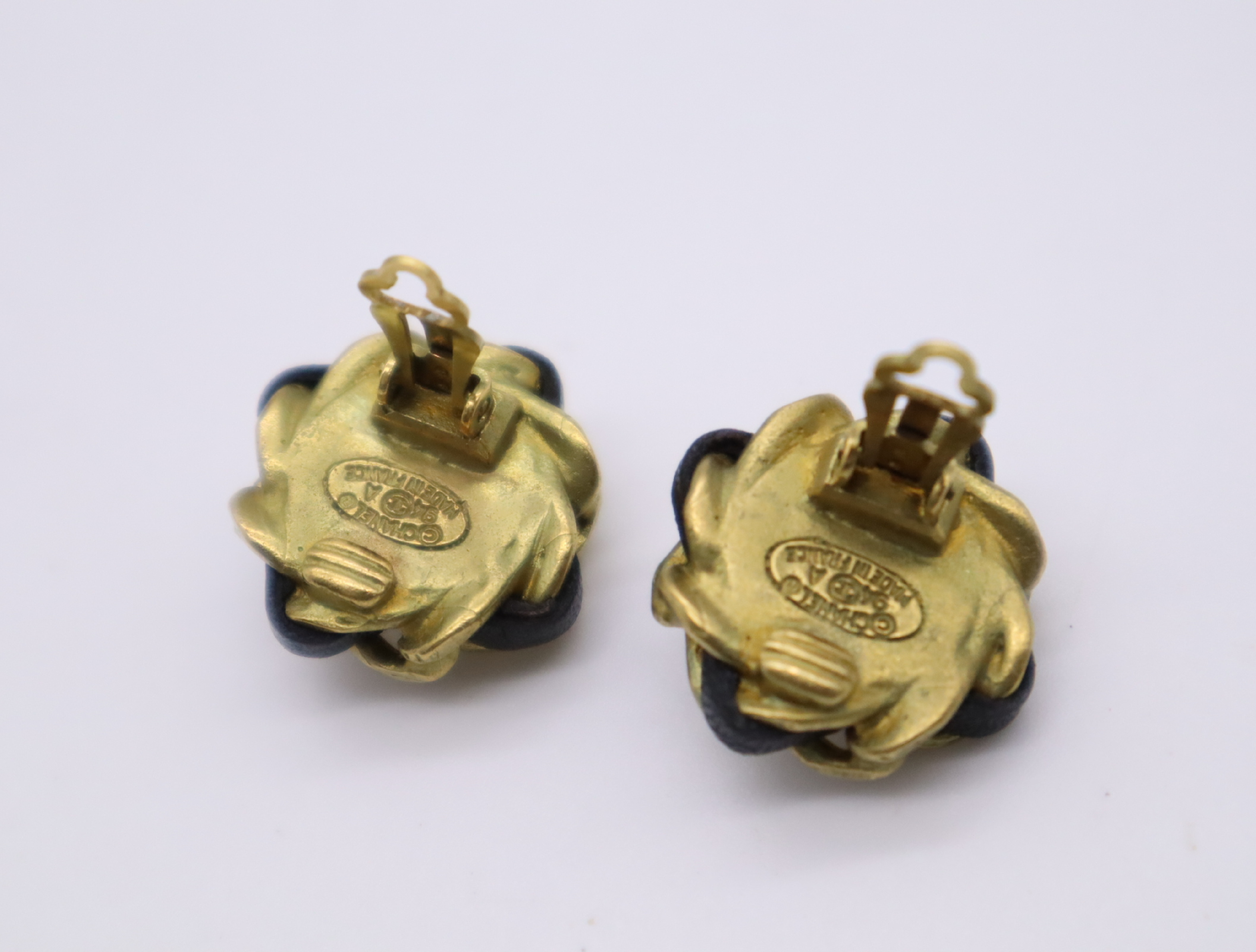 GP/Faux Pearl/Leather Vintage Coco Mark Chain Motif Earrings — view 4