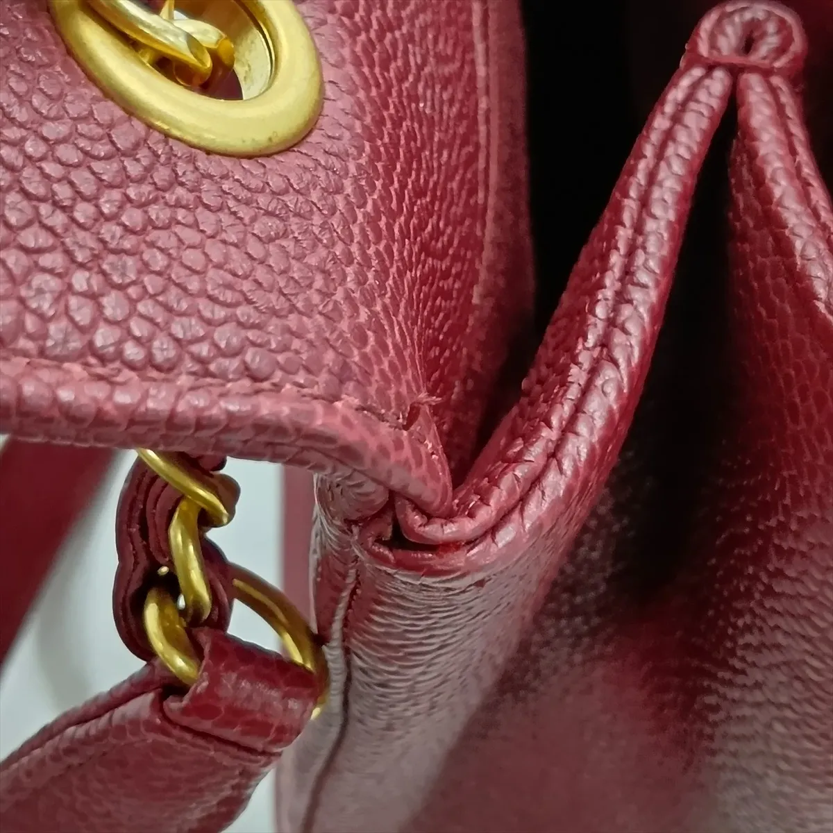 Matelassé Caviar Skin Single Flap Double Chain Bag, Red with Gold Hardware, 28503195 (Serial Number 28) — view 11
