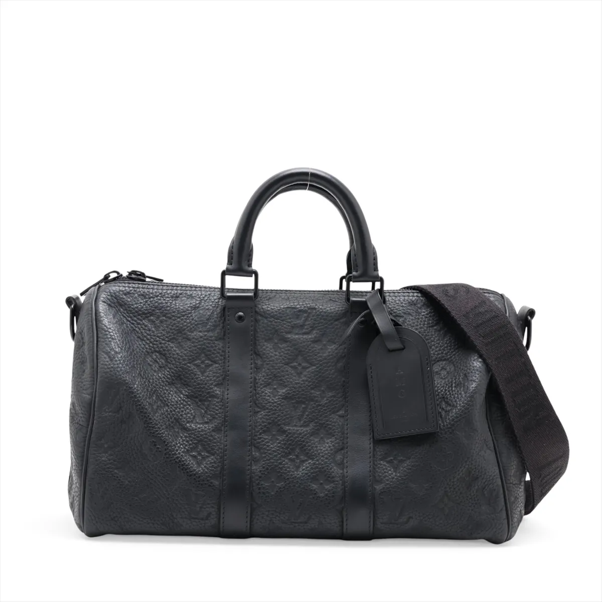 Taurillon Monogram Keepall Bandoulière 35 M22765 Black with initials, RFID detected.