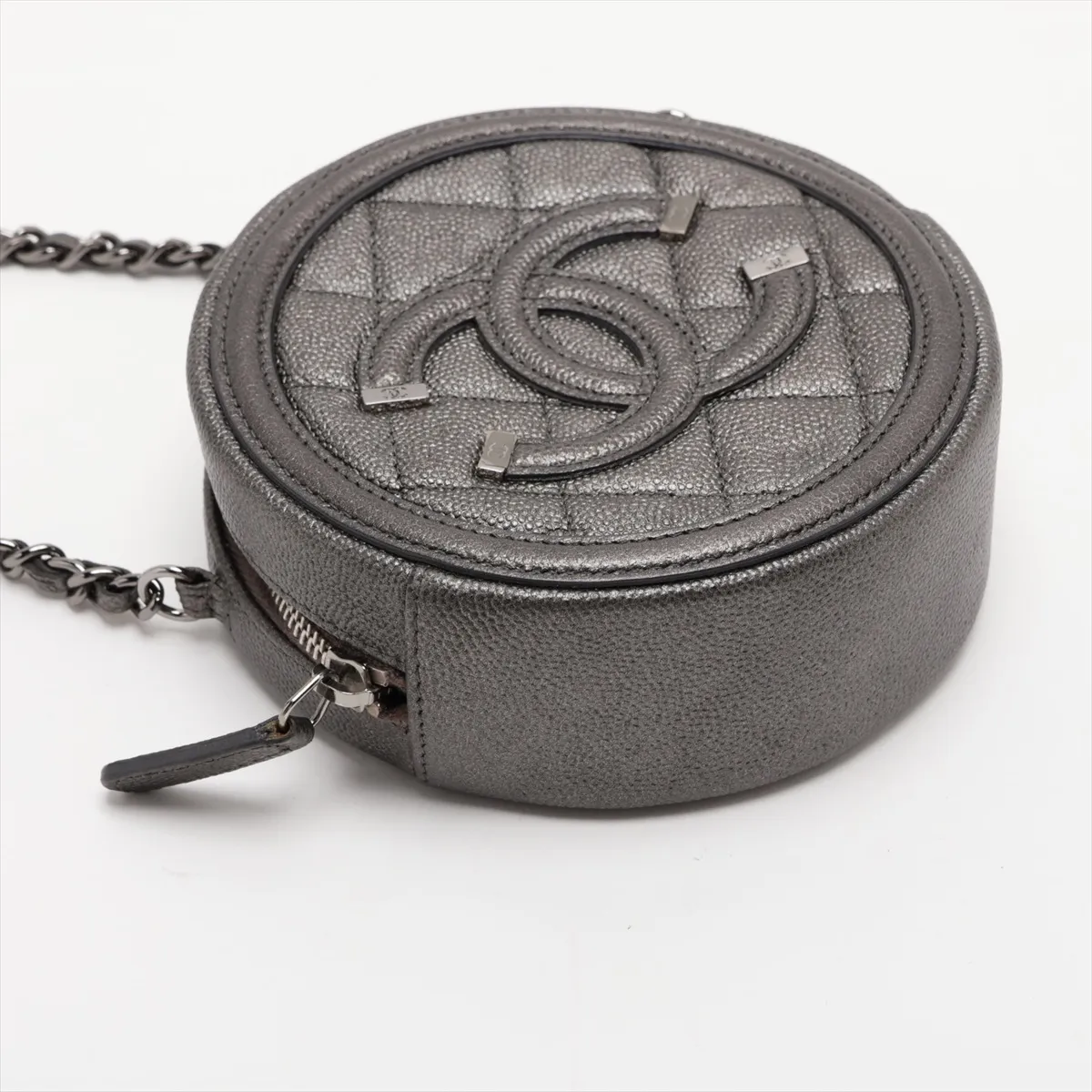 Matelassé Caviar Skin Chain Shoulder Bag, Round, Silver, Silver Hardware, 26518021, Serial Number 26 — view 4