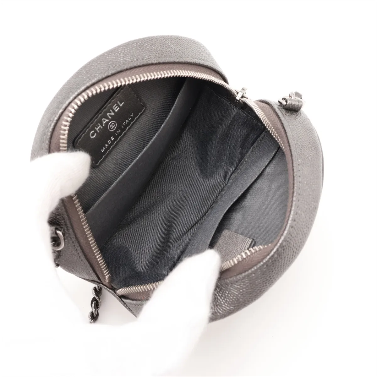Matelassé Caviar Skin Chain Shoulder Bag, Round, Silver, Silver Hardware, 26518021, Serial Number 26 — view 6