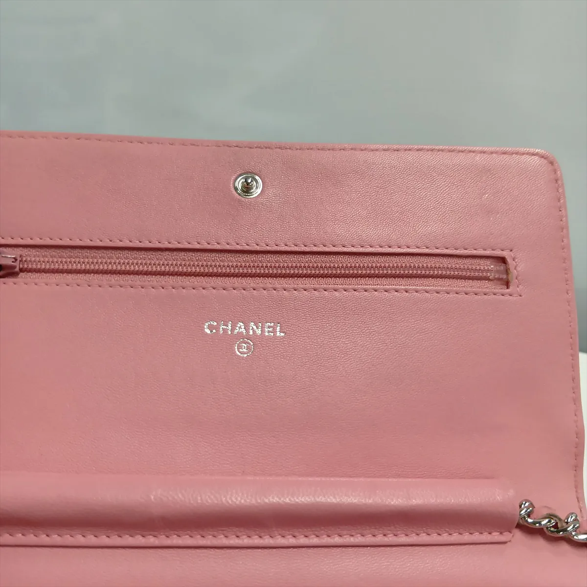 Camellia Lambskin Chain Wallet, Pink, Silver Hardware, 14606699, Serial Number 14 — view 13