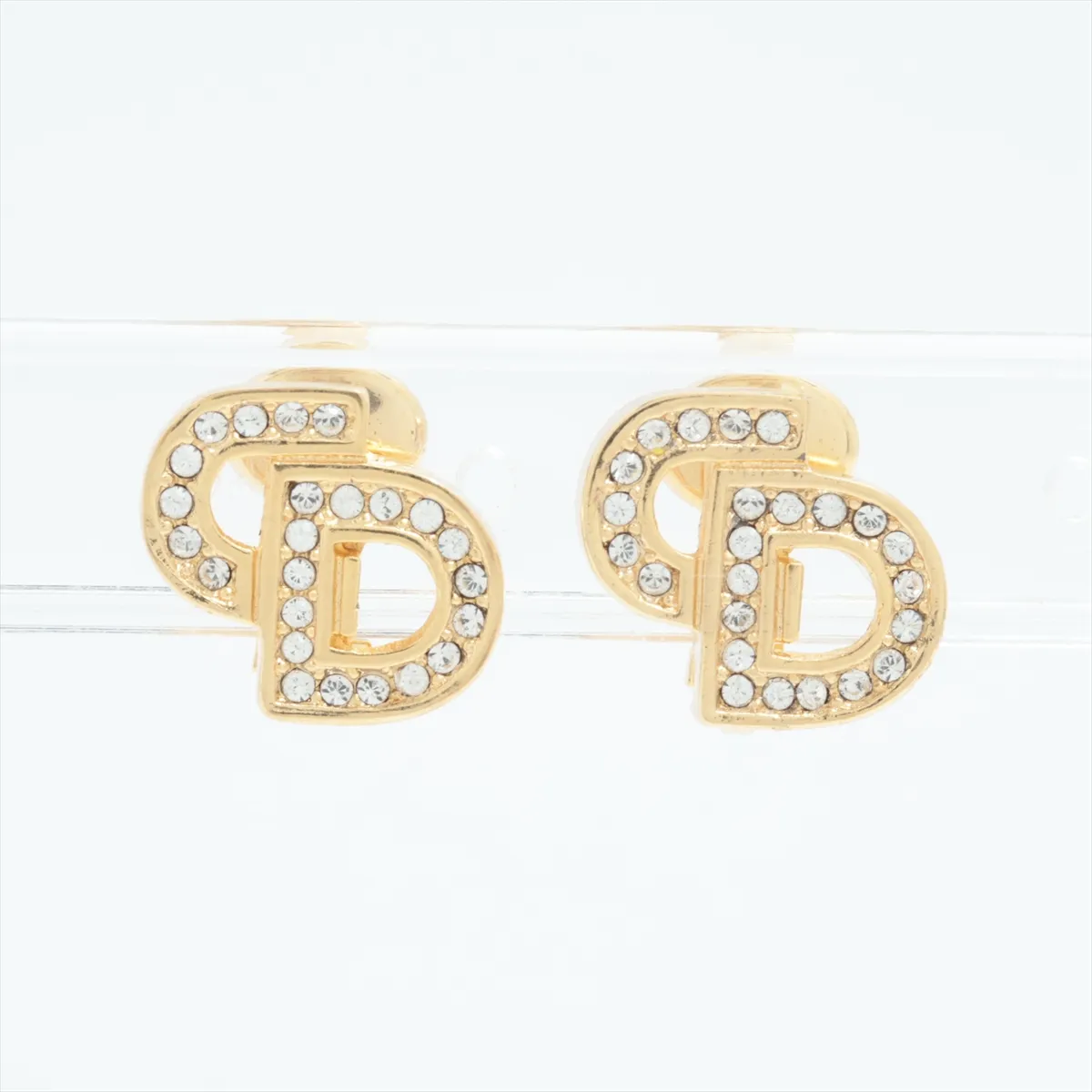 CD Logo Earrings (Pair) GP x Rhinestone Gold - Shows signs of wear,