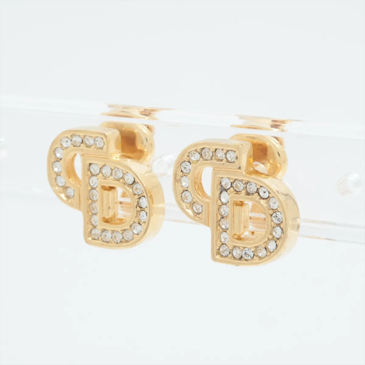 CD Logo Earrings (Pair) GP x Rhinestone Gold - Shows signs of wear, — view 3