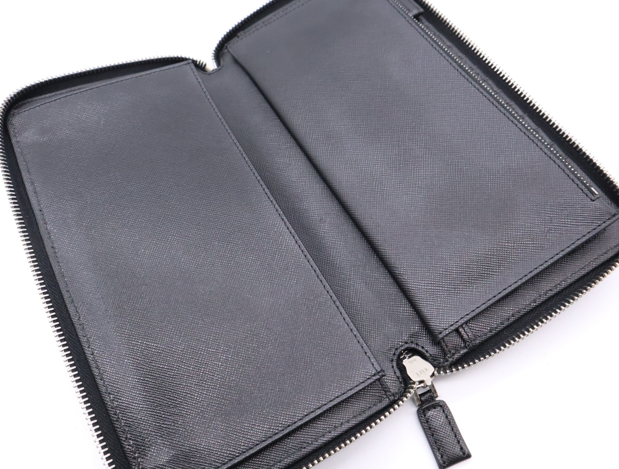 Saffiano leather round zipper long wallet, black — view 6