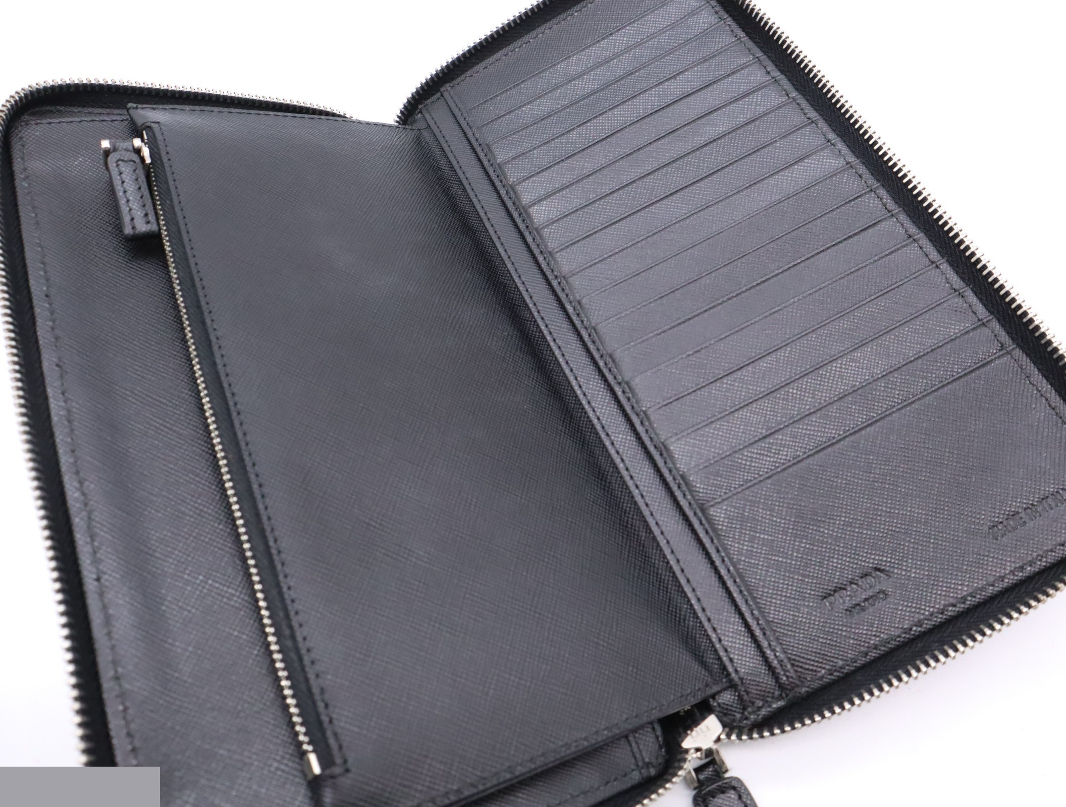Saffiano leather round zipper long wallet, black — view 7