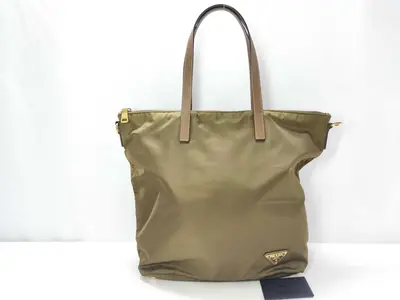 nylon tote bag, khaki, with triangular logo.