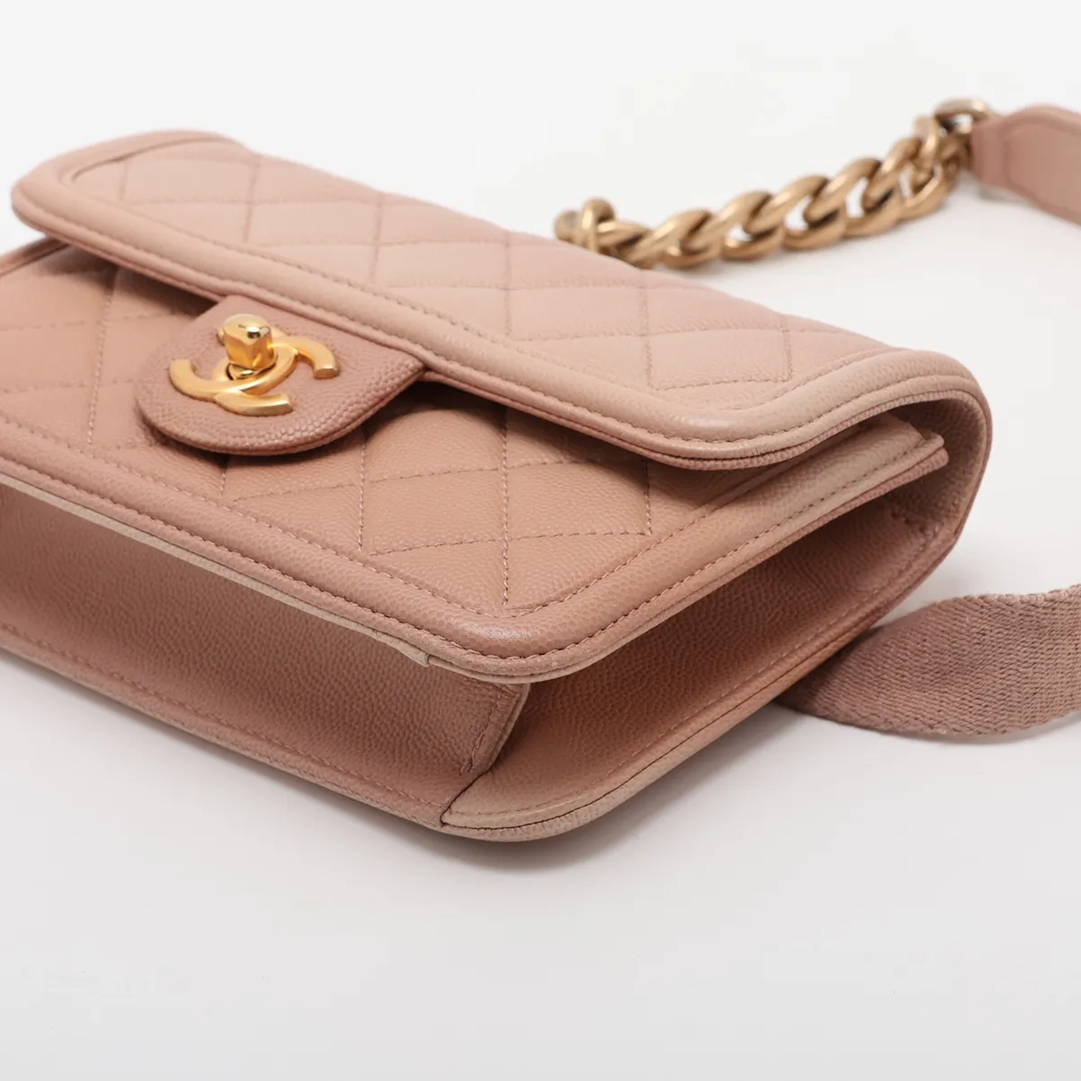 Matelassé Caviar Skin Waist Pouch, Pink with Gold Hardware, 27209727 (Serial Number 27) — view 3
