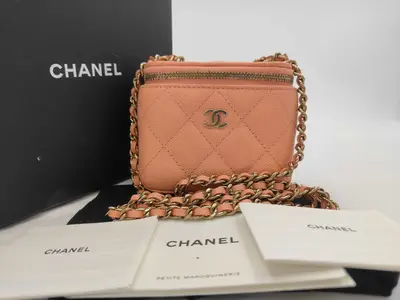 Pink Caviar Skin Matelassé Chain Vanity Bag with Gold Plated Hardware