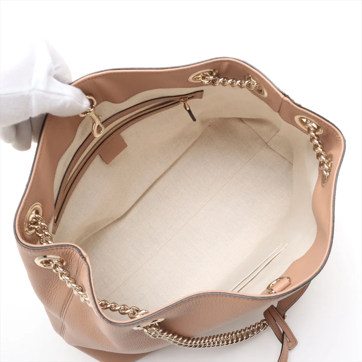 Soho Leather Chain Tote Bag, Beige Poodle, 536196 (Outlet) — view 7