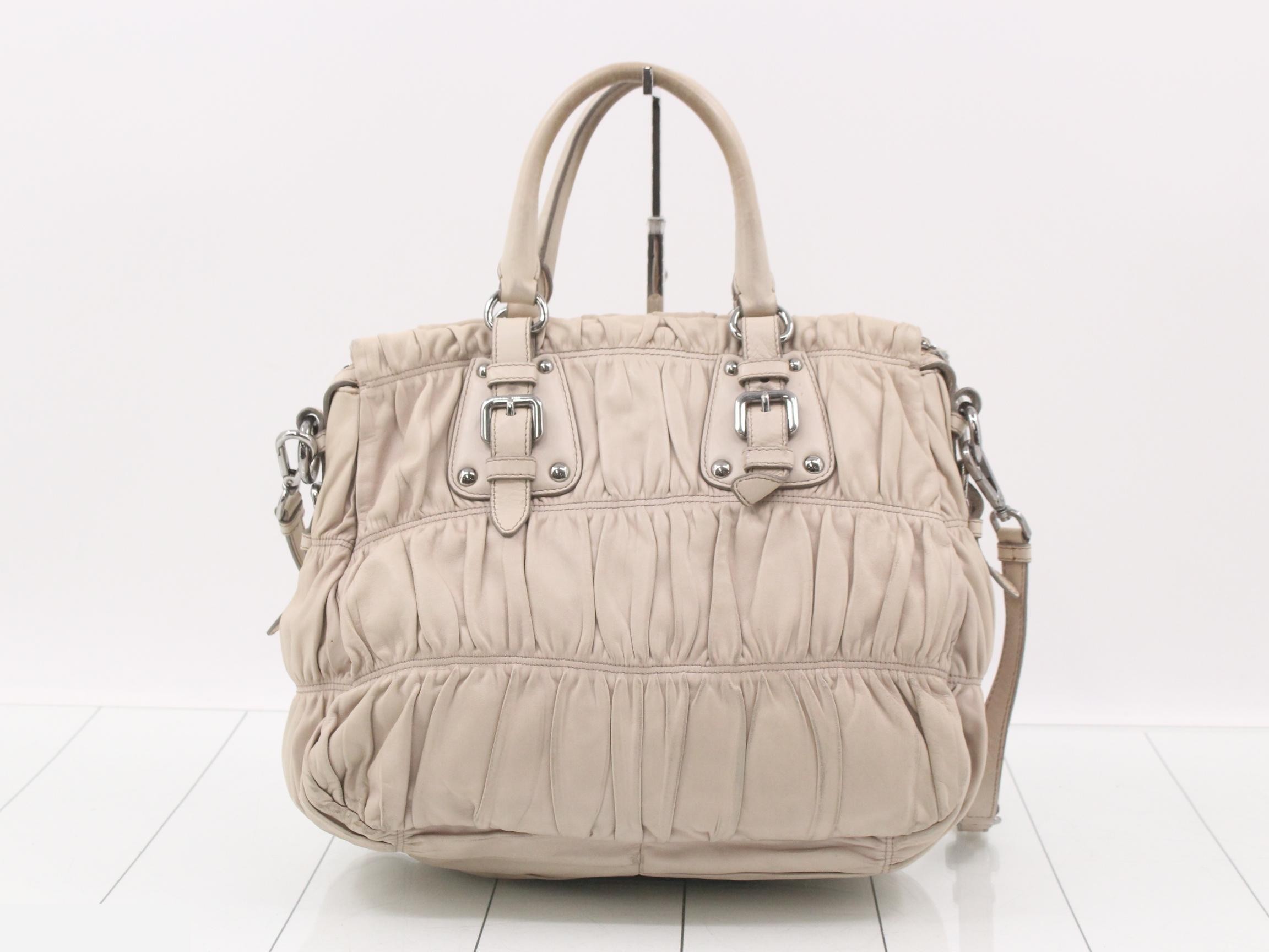 Leather 2-way handbag, beige, silver hardware, with shoulder strap. — view 2