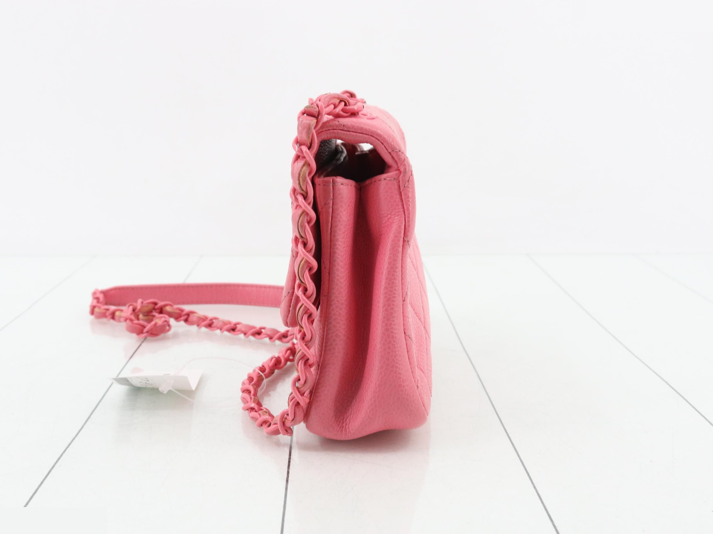 Mini Matelassé Caviar Skin Chain Shoulder Bag, Pink — view 3