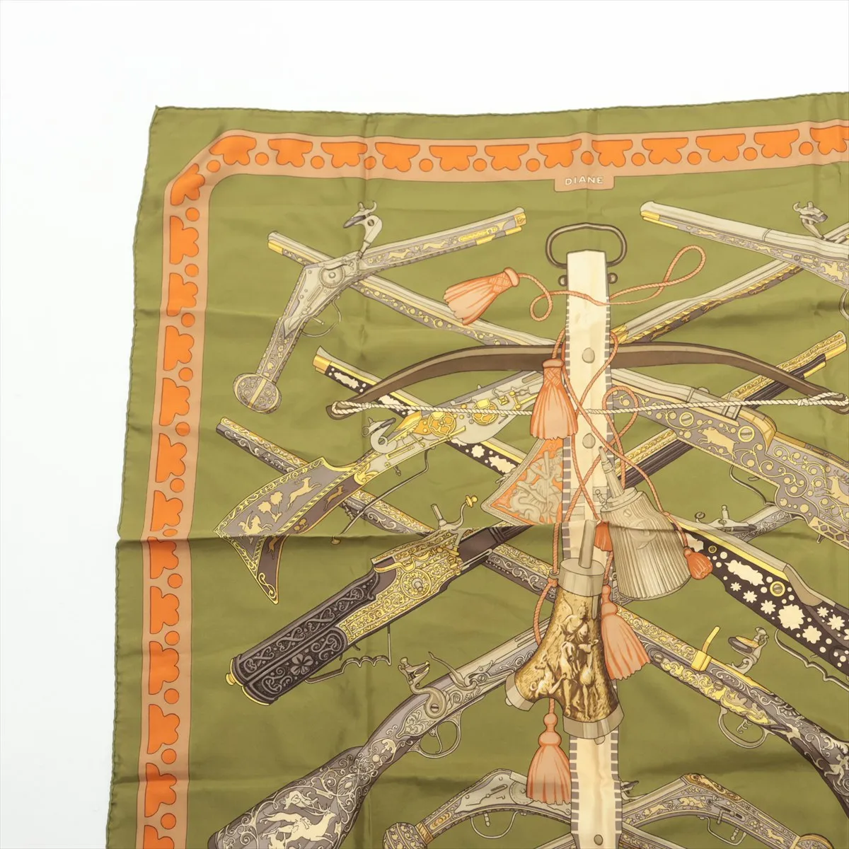 Carre 90 DIANE Gun Pattern Scarf, Silk, Green. Shows wear, — view 2