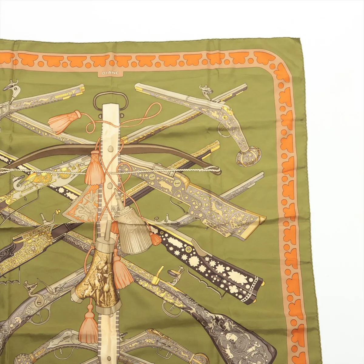 Carre 90 DIANE Gun Pattern Scarf, Silk, Green. Shows wear, — view 3