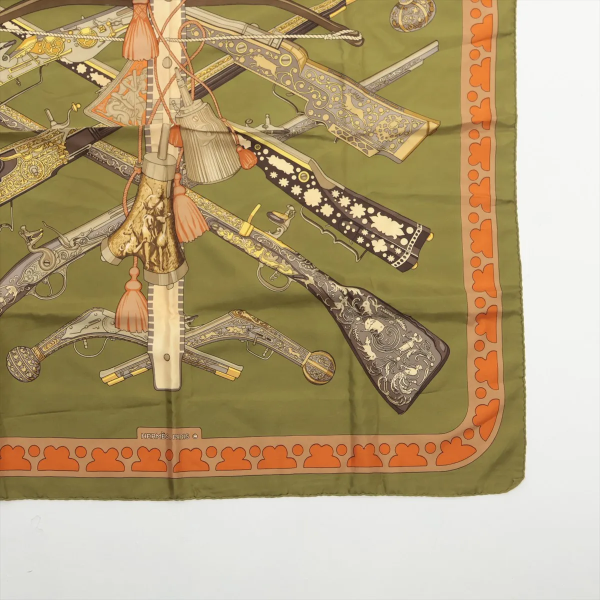 Carre 90 DIANE Gun Pattern Scarf, Silk, Green. Shows wear, — view 4