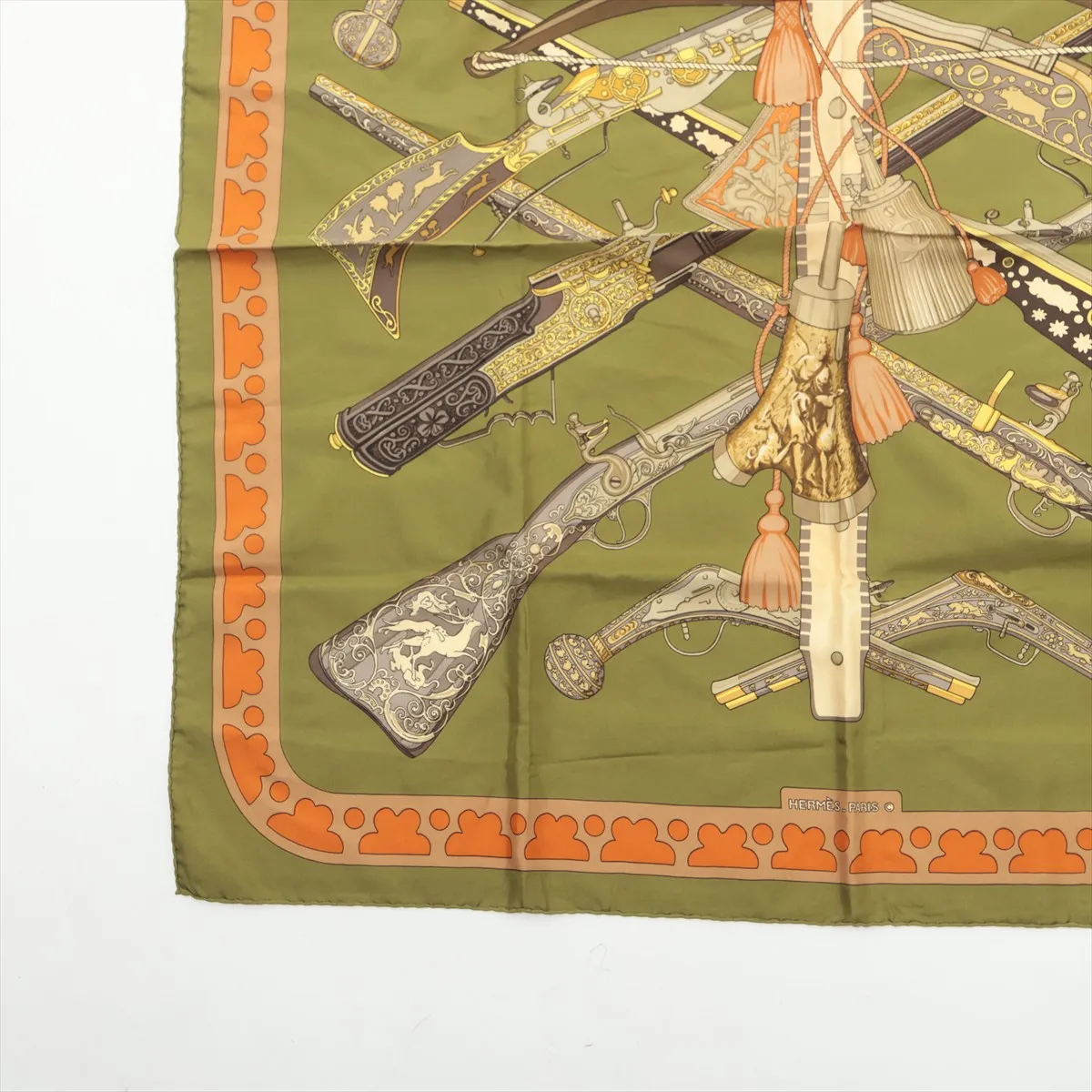 Carre 90 DIANE Gun Pattern Scarf, Silk, Green. Shows wear, — view 5