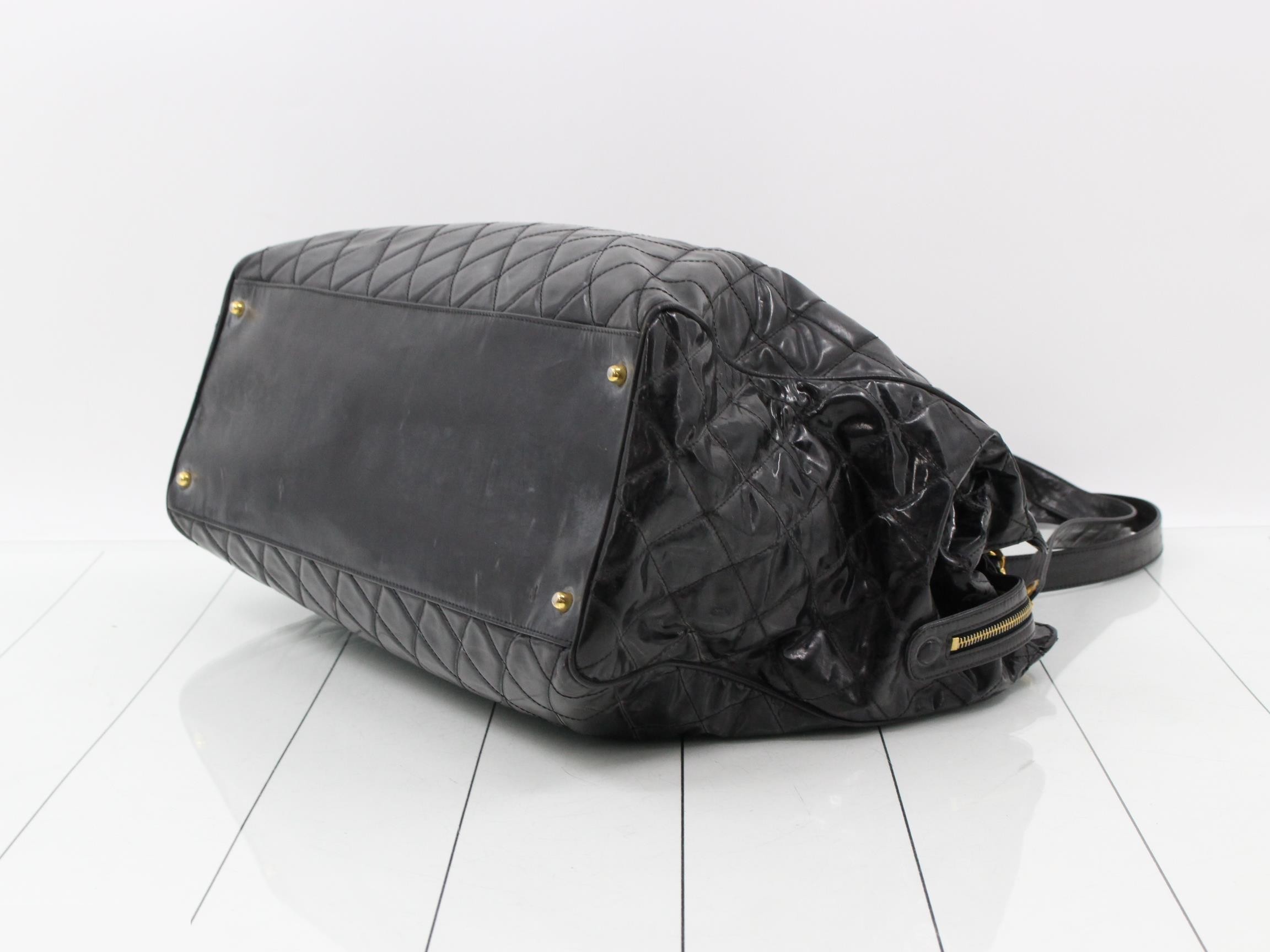 Supermodel patent leather chain tote bag, black and gold. — view 6