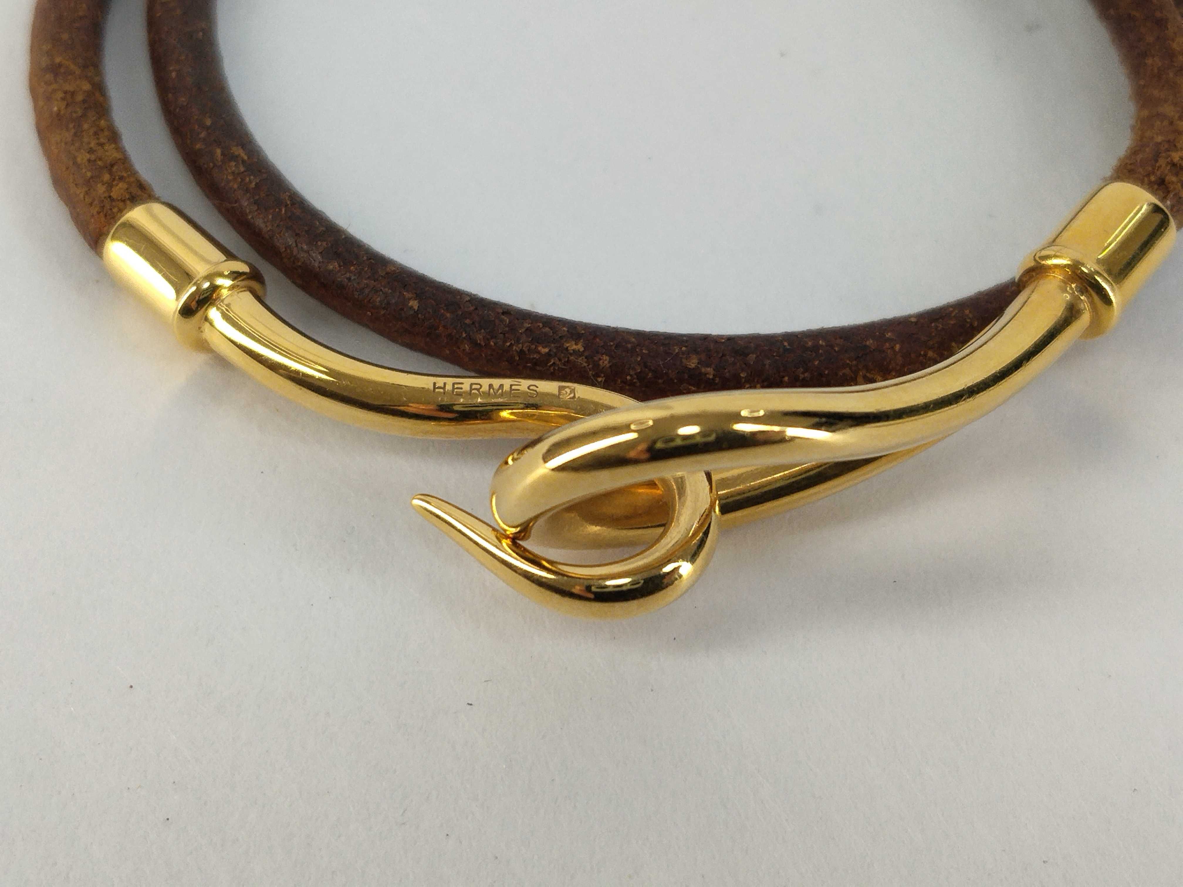 Jumbo Leather Brown Gold Hardware Bracelet Choker Bracelet/Bangle — view 3