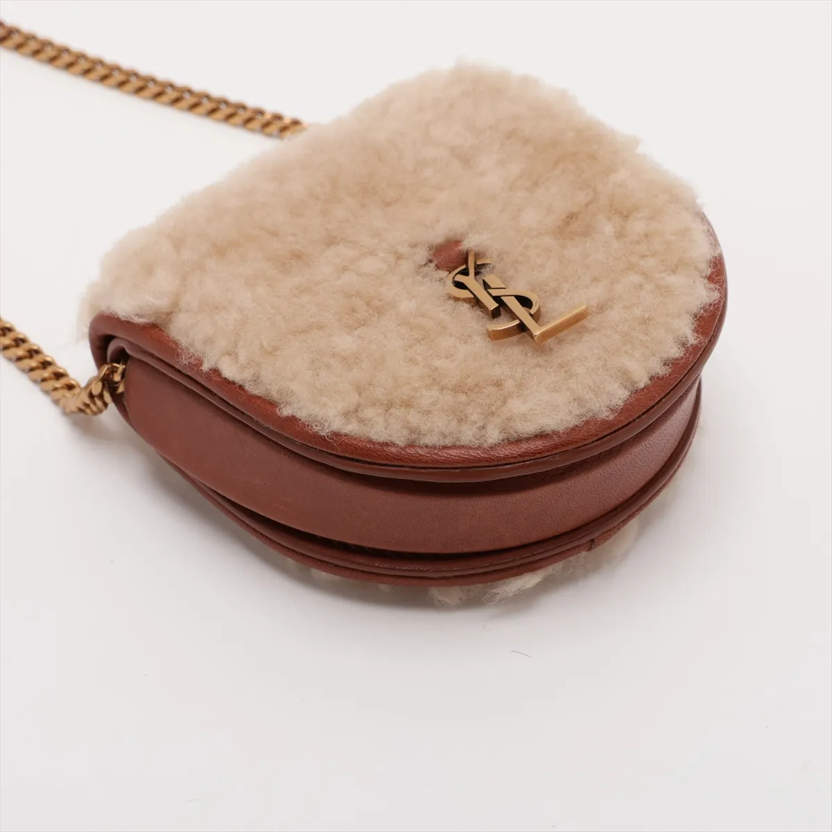 Shearling x Leather Chain Shoulder Bag, Brown, 657818 — view 4