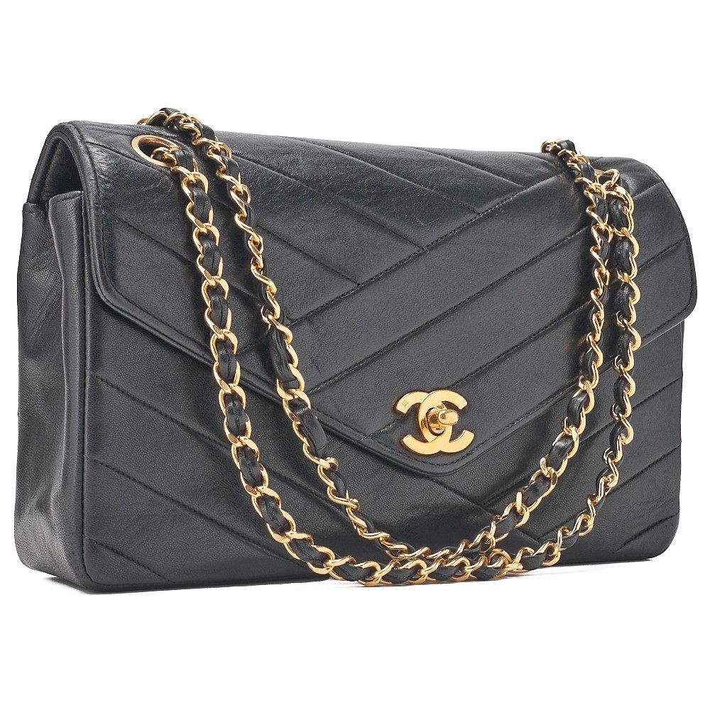 Lambskin Bias Stitch Turnlock Chain Shoulder Bag, Black — view 3