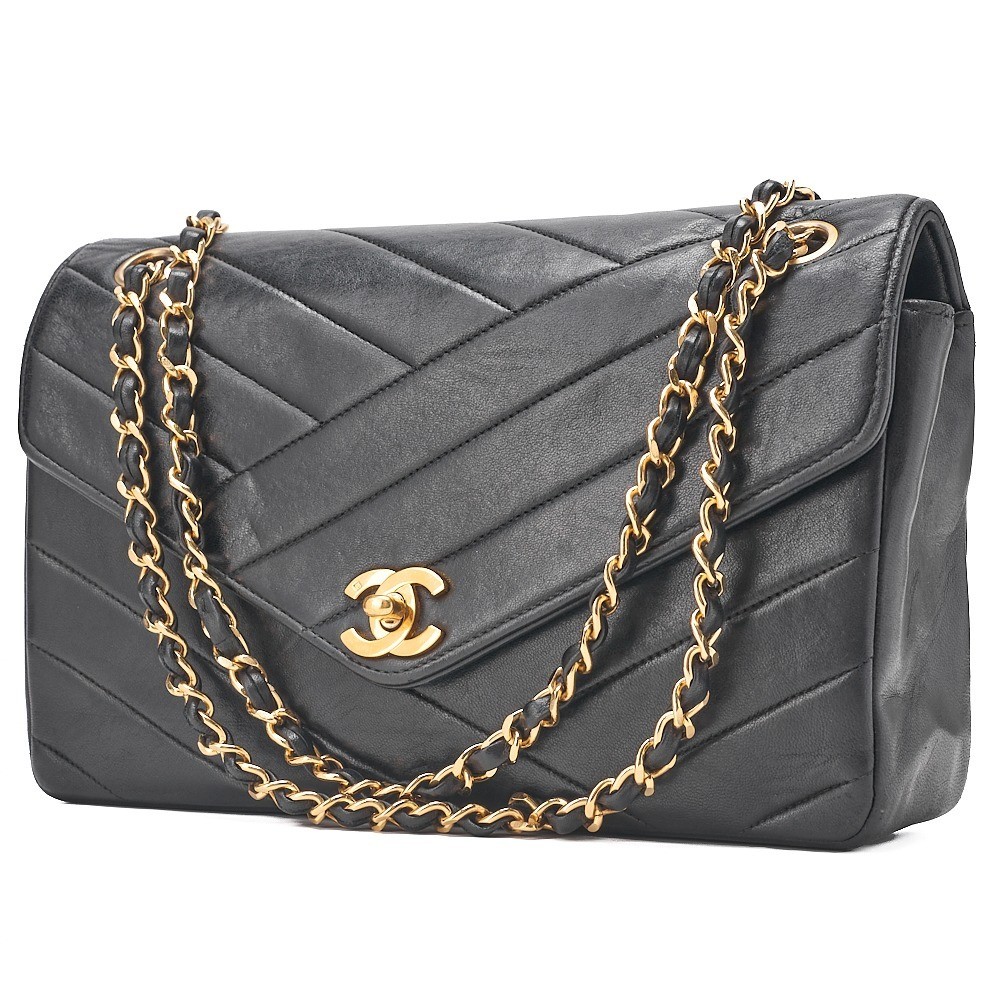 Lambskin Bias Stitch Turnlock Chain Shoulder Bag, Black — view 4