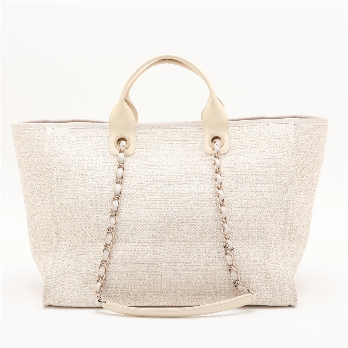 Deauville GM Tweed x Leather 2-Way Tote Bag, Beige, Gold Hardware, J422A181, Random Plate — view 2