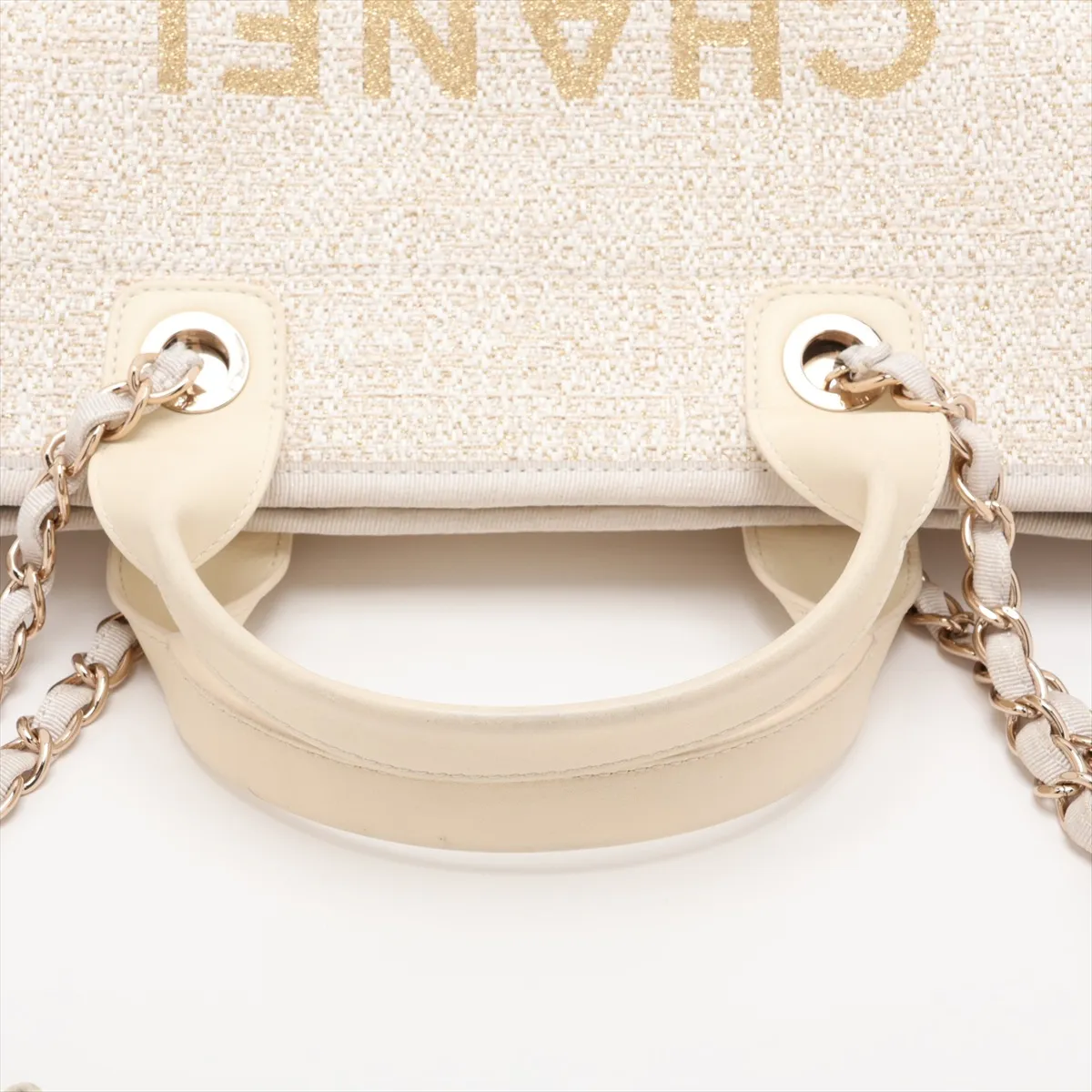 Deauville GM Tweed x Leather 2-Way Tote Bag, Beige, Gold Hardware, J422A181, Random Plate — view 5