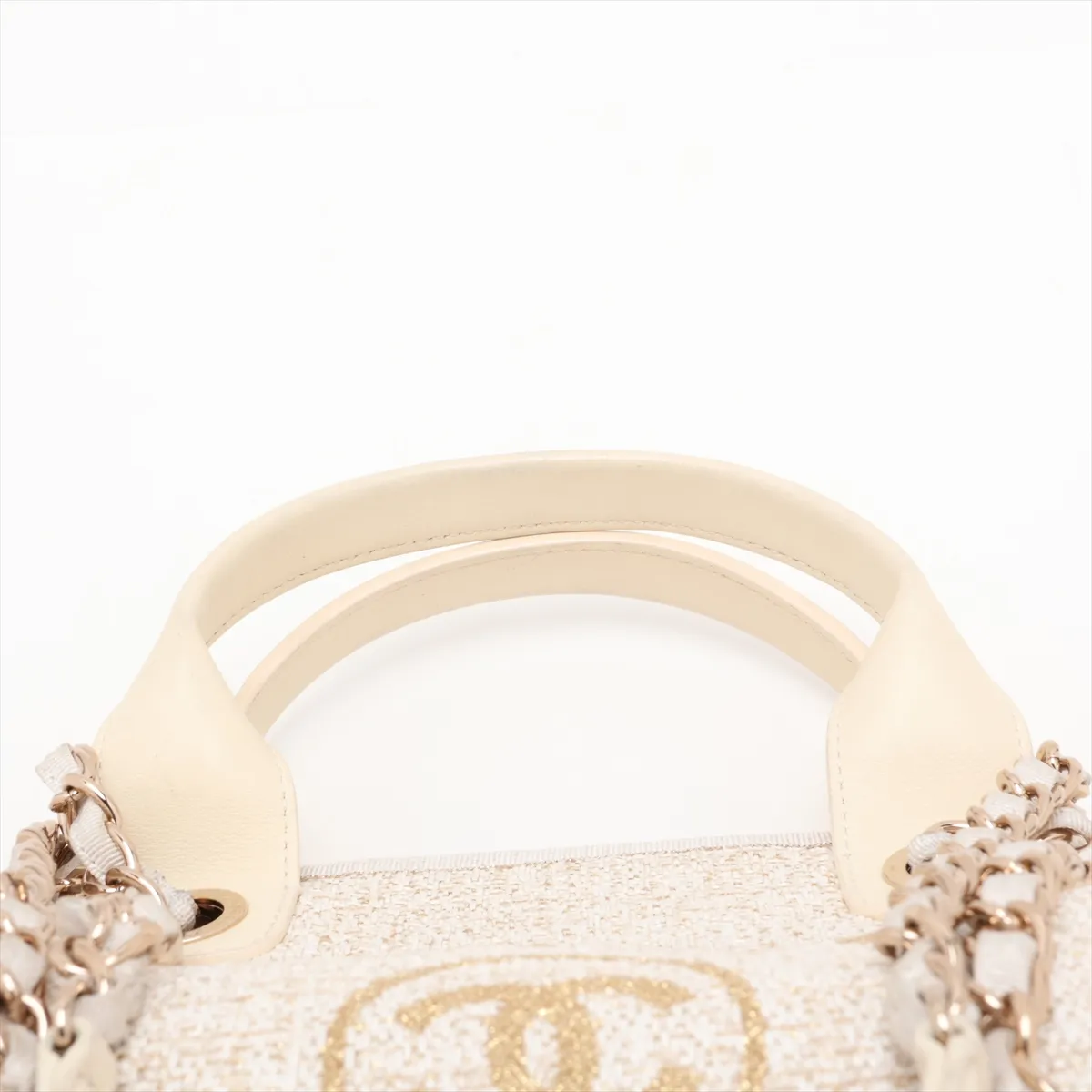 Deauville GM Tweed x Leather 2-Way Tote Bag, Beige, Gold Hardware, J422A181, Random Plate — view 6