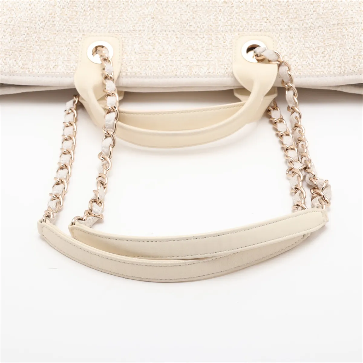 Deauville GM Tweed x Leather 2-Way Tote Bag, Beige, Gold Hardware, J422A181, Random Plate — view 7