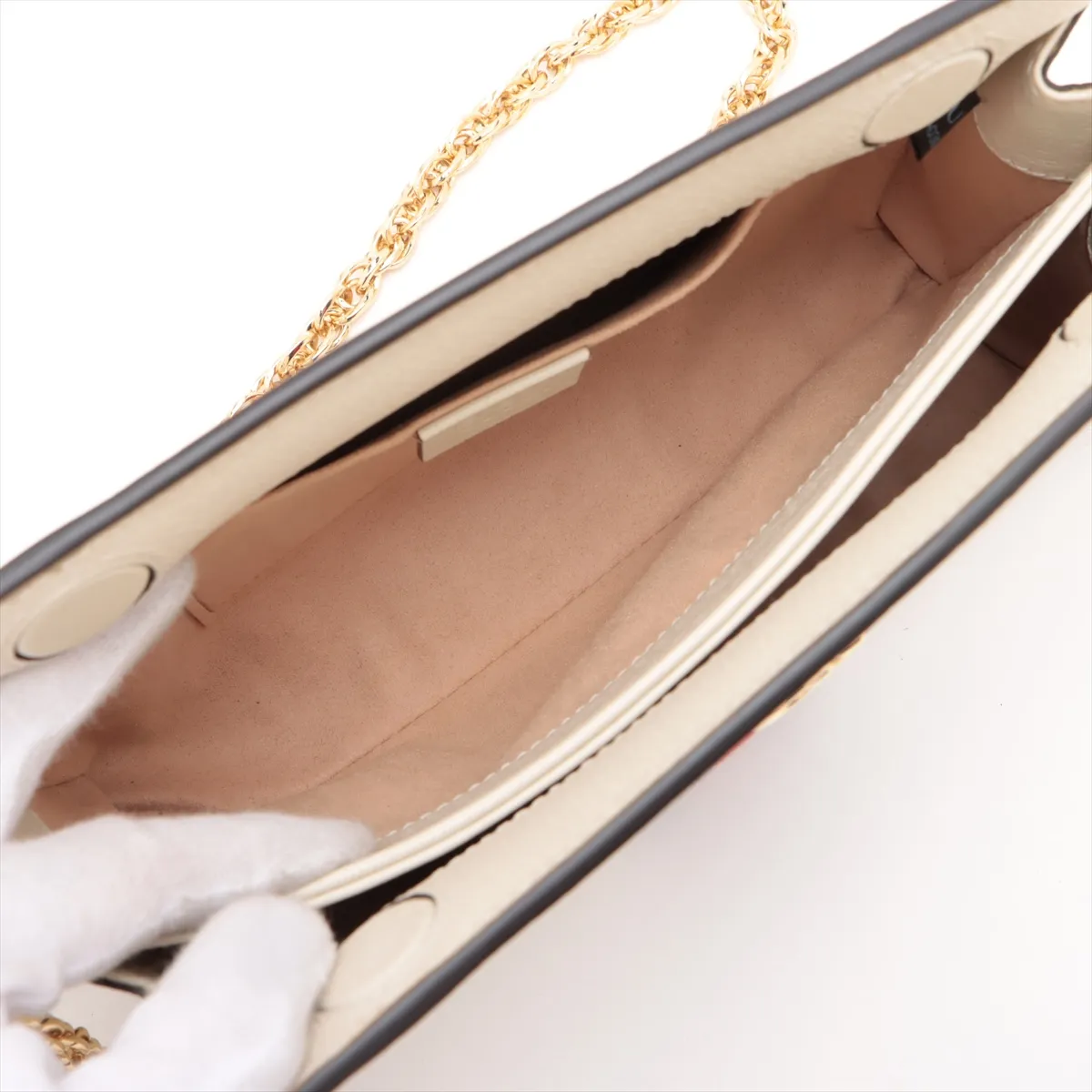 Ophidia Leather Chain Shoulder Bag, Ivory, 719883 — view 7