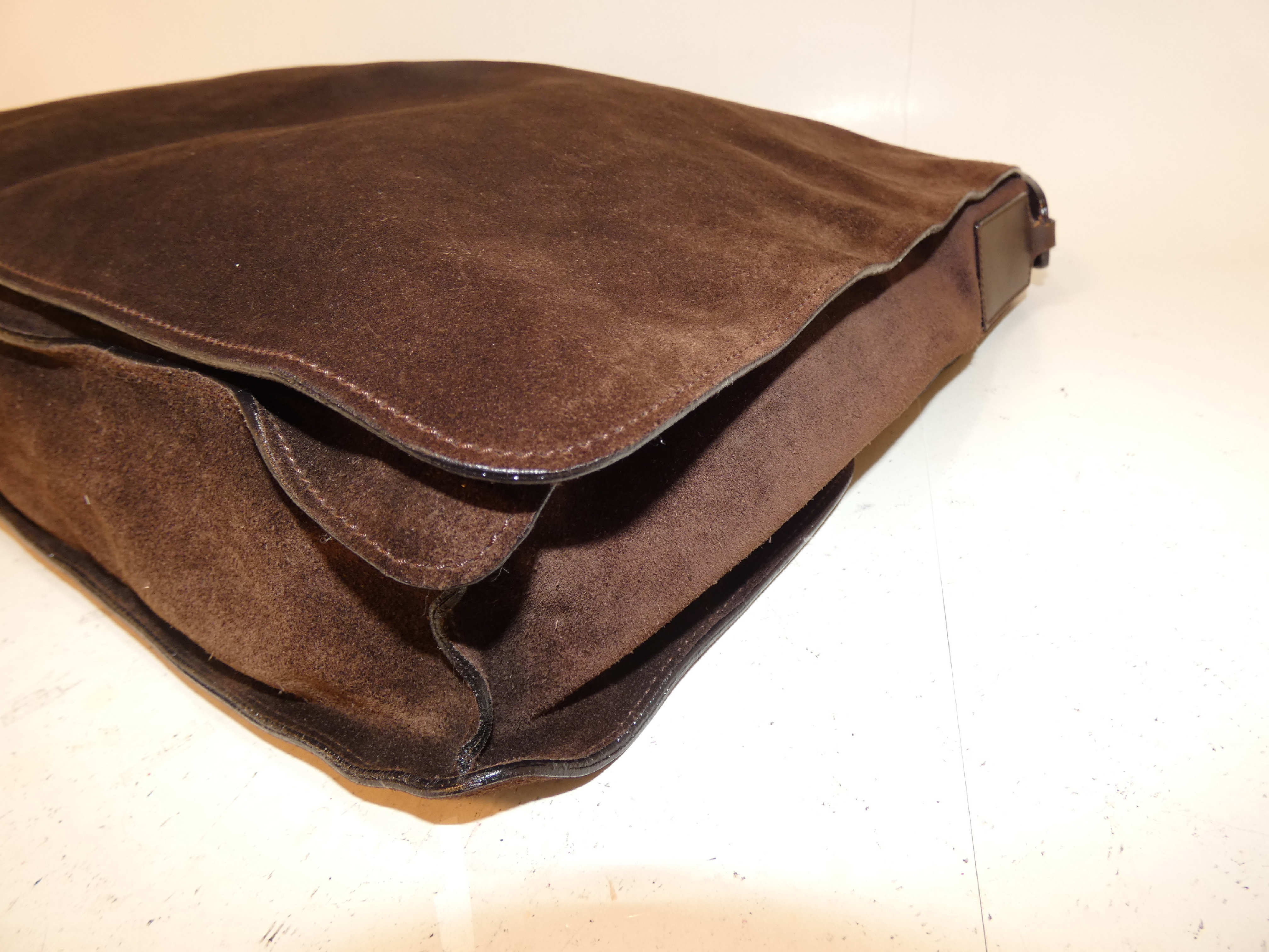 Suede Dark Brown Leather Chain Shoulder Bag — view 7