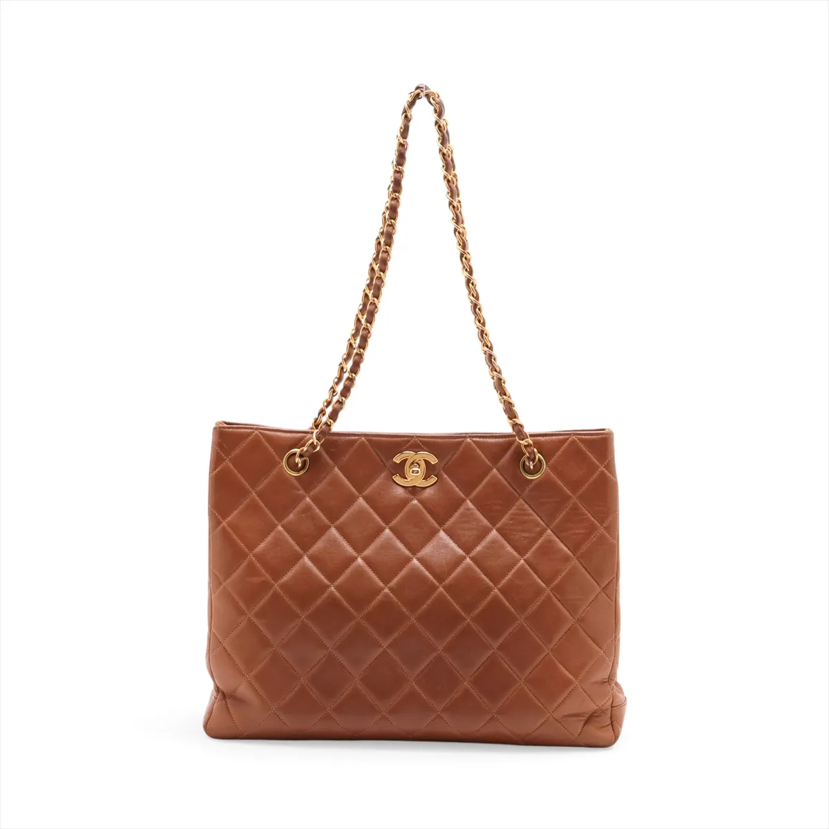 Matelassé Lambskin Chain Tote Bag, Brown with Gold Hardware, Item No. 1077052