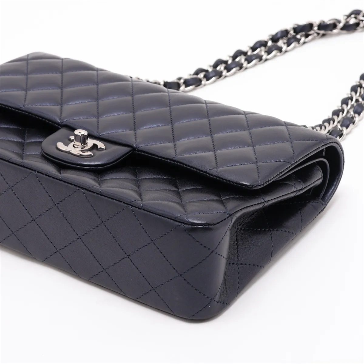 [Individually packaged] Chanel Matelassé 25 Lambskin Double Flap Double Chain Bag, Navy, Silver Hardware, 24773974, Series 24, A01112 — view 3