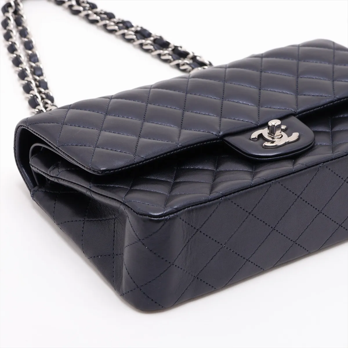 [Individually packaged] Chanel Matelassé 25 Lambskin Double Flap Double Chain Bag, Navy, Silver Hardware, 24773974, Series 24, A01112 — view 4