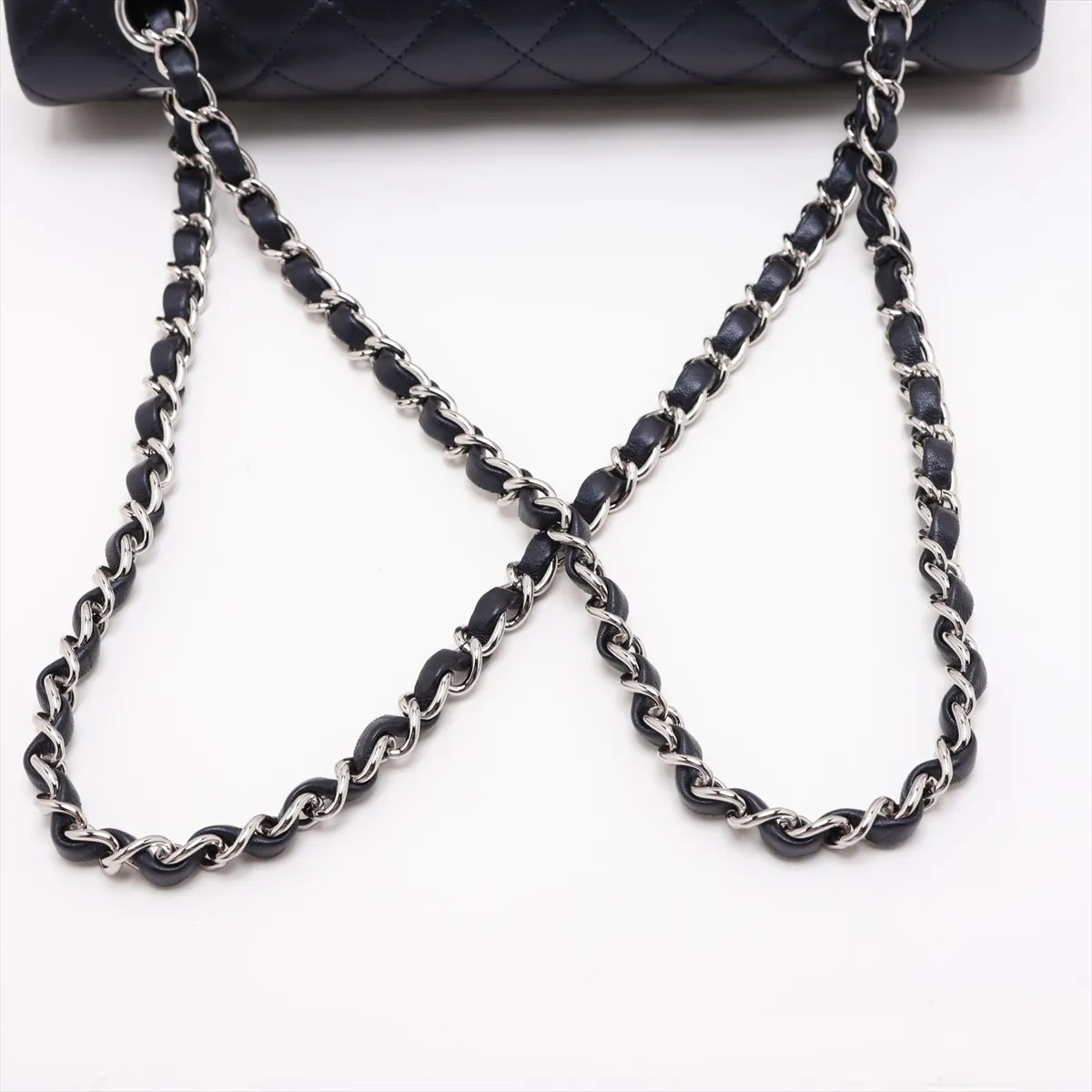 [Individually packaged] Chanel Matelassé 25 Lambskin Double Flap Double Chain Bag, Navy, Silver Hardware, 24773974, Series 24, A01112 — view 5