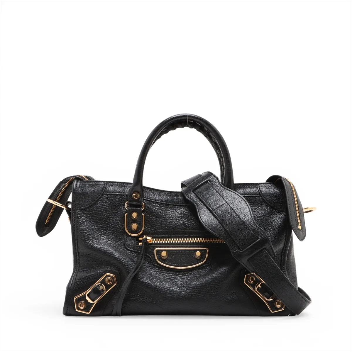 Classic Metal Edge City Leather 2-Way Handbag, Black, 432831