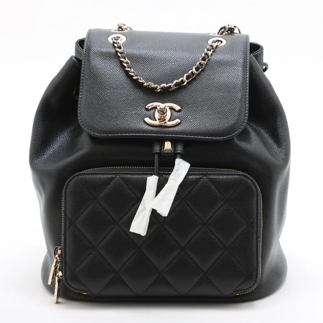 Comes with box. Chanel Matelassé caviar leather chain backpack, black.