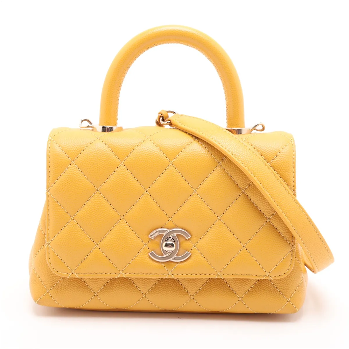 Coco Handle 19 XXS Caviar Skin 2-Way Handbag, Yellow, Gold Hardware, HX0X6UPE, Random Plate, AS2215