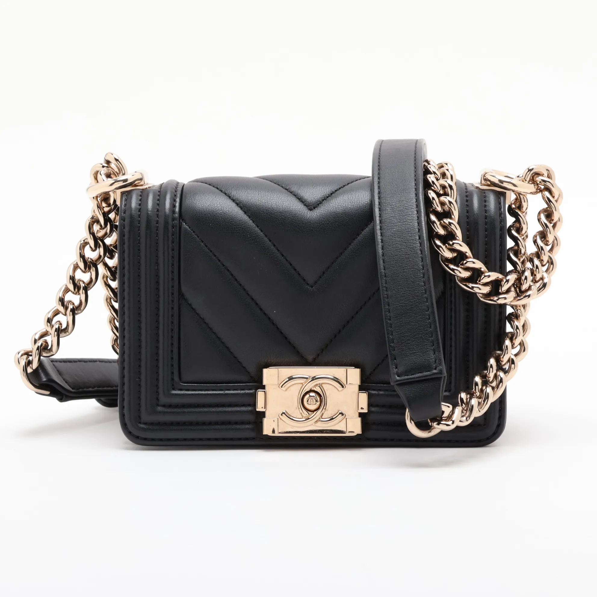 Mini Boy Chanel Leather Chain Shoulder Bag Chevron V-stitch Black Gold Hardware C8CHU908 Random Plate